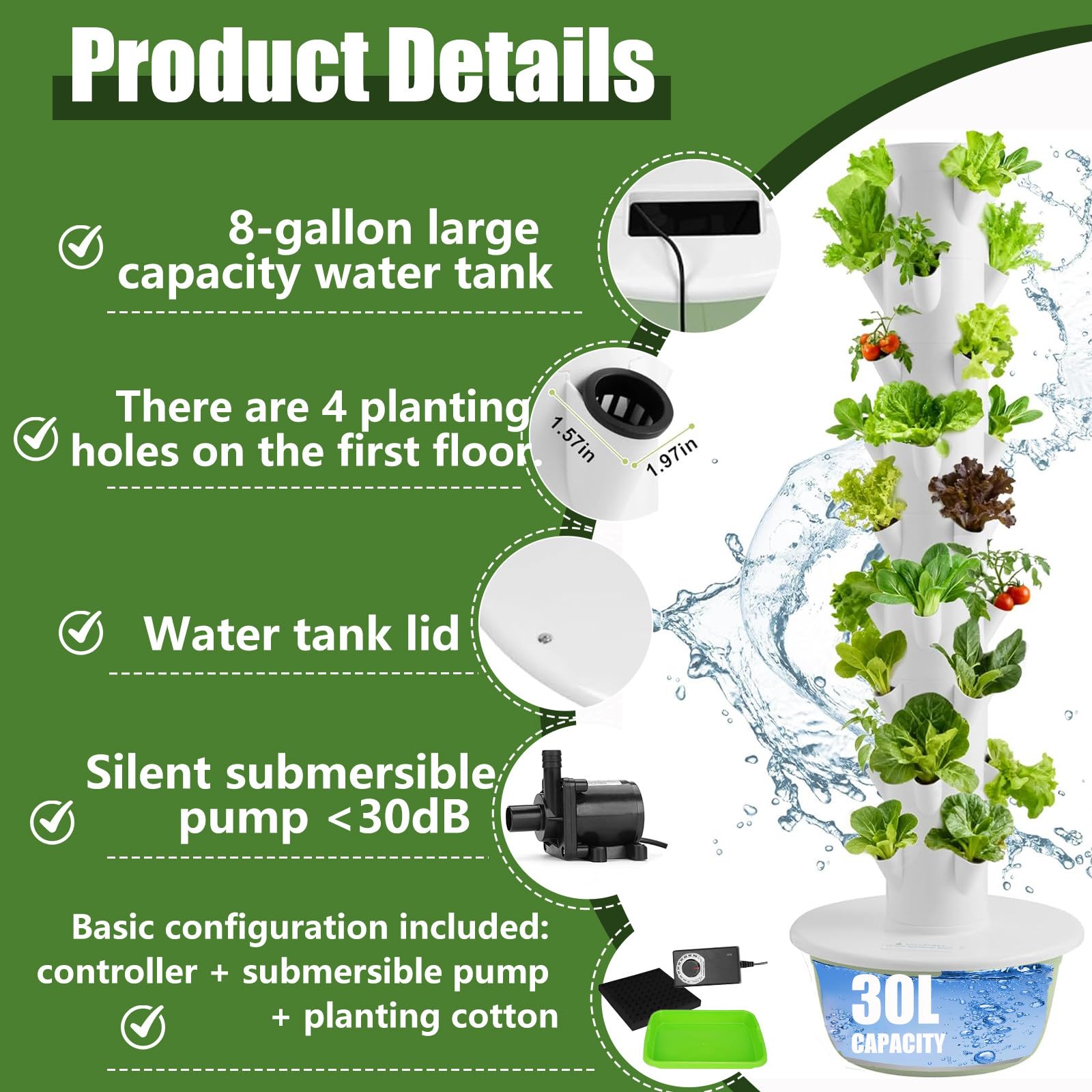 Silencioso Kit hidroponia Completo, Tanque 30L, Cambio de Agua Cada Mes, circulación automática, cultiva Lechuga, albahaca, Menta, Hiedra, para balcón, terraza, Restaurante, Granja 5Layers