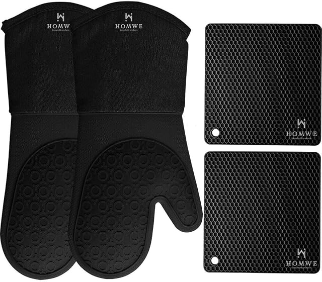 HOMWE Silicone Oven Gloves & Pot Holders - 4 Piece Heat Resistant, Kitchen & Baking Oven Mitt Set with Non-Slip Textured Grip - Black