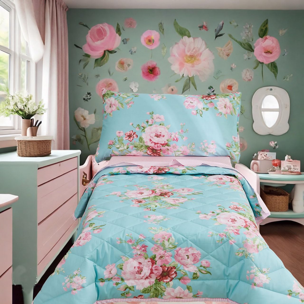 Brandream Juego de ropa de cama de algodón para niñas pequeñas en una bolsa, juego de edredón floral de jardín, juego de sábanas de cuadrícula rosa, 4 piezas