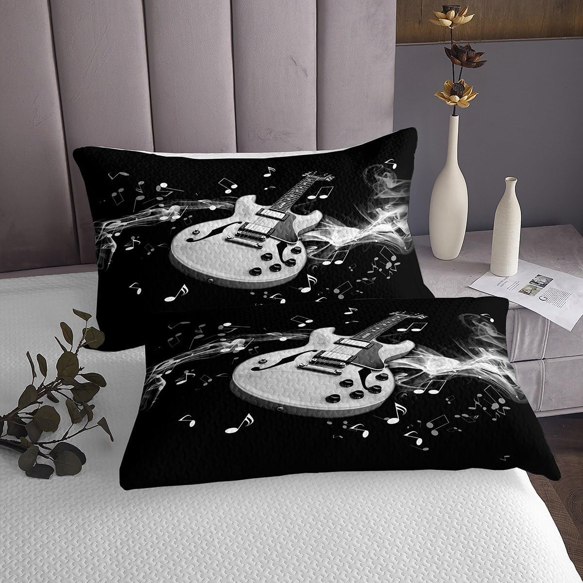 3D Guitar Bedspread Queen Size,Rock Music Guitar Bedding Set for Kids Boys Teens Adult Room Decor,White Music Notes and Smoky Comforter Set Fashion Hip Hop Black Quilt Coverlet,2 Pillowcases