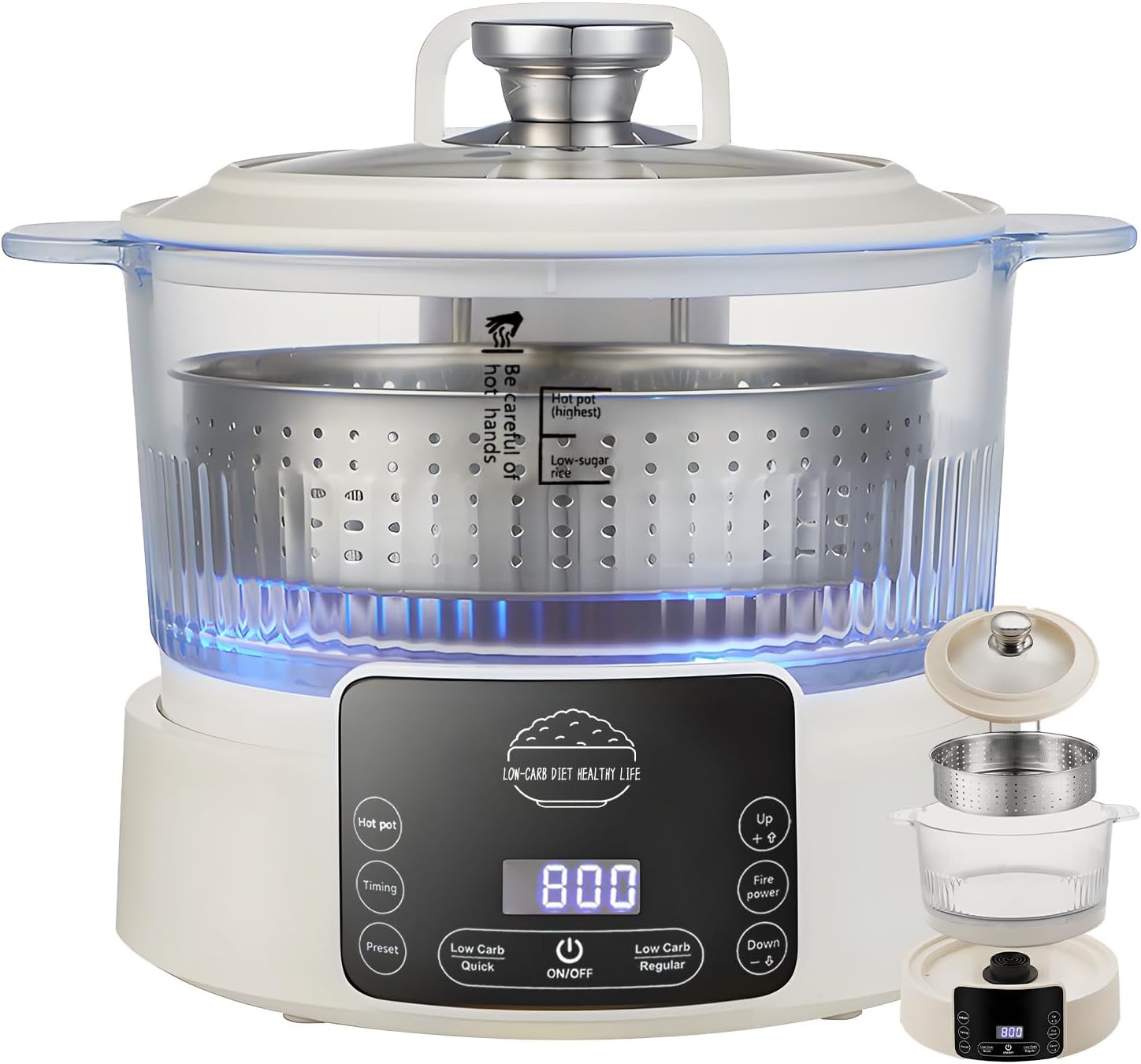 Low Carb Rice Cooker with Reservable-Timable,Low Sugar Multi Functional 3L &2 Cups for Starch Removing Glass Cooker,110v Maximum Power 800w Multi Functional Maker,Liftable Filter Basket (Beige) Beige-3L