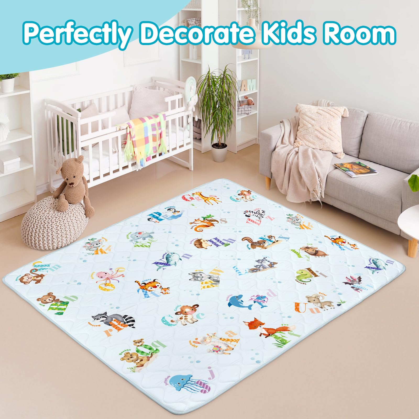 decalsweet Tappeto Gioco Bambini 150×180cm, Addensato 2cm Tappeto Gioco Neonato, Antiscivolo Tappeto Cameretta Bambina & Bambino, Pieghevole Tappeto Tummy Time Neonati (Animali Alfabetici)