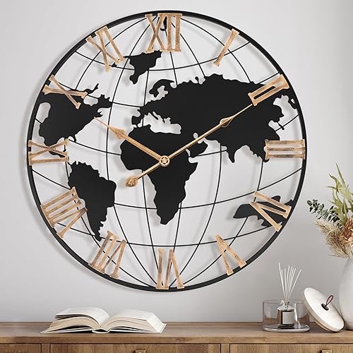 Miniatura 16 de Reloj de pared grande de 24 pulgadas, reloj decorativo moderno y silencioso de metal con mapa mundial para decoración de sala de estar, gran reloj