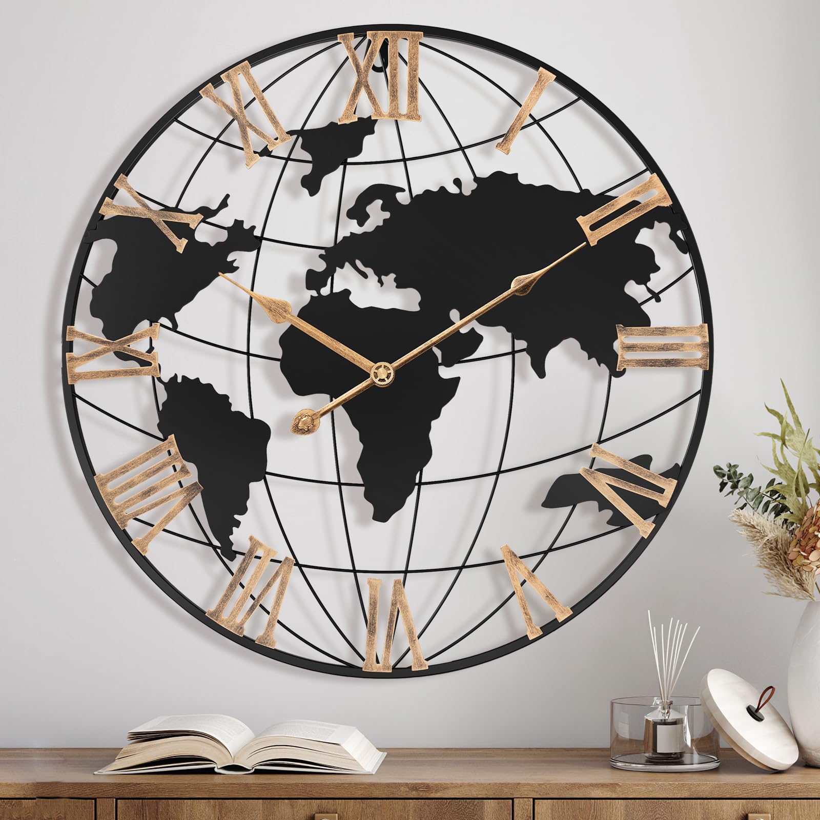 Pytha Sight Gold Roman 20 Inch Large Wall Clock For Living Room Decor,Big Modern Decorative Silent World Map Metal Wall Clock With Vintage Numeral For Office,Living Room,Kitchen,Dining Room