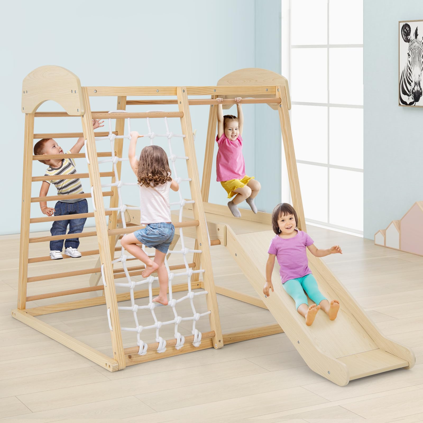 GOPLUS 6 en 1 Triángulo de Escalada Parque para Niños de 1 Año+, Juguetes de Escalada Grande de Madera con Tobogán/Red de Escalada/Barra, Juego de Montessori, Torre de Escalada, Carga 200 KG, Natural