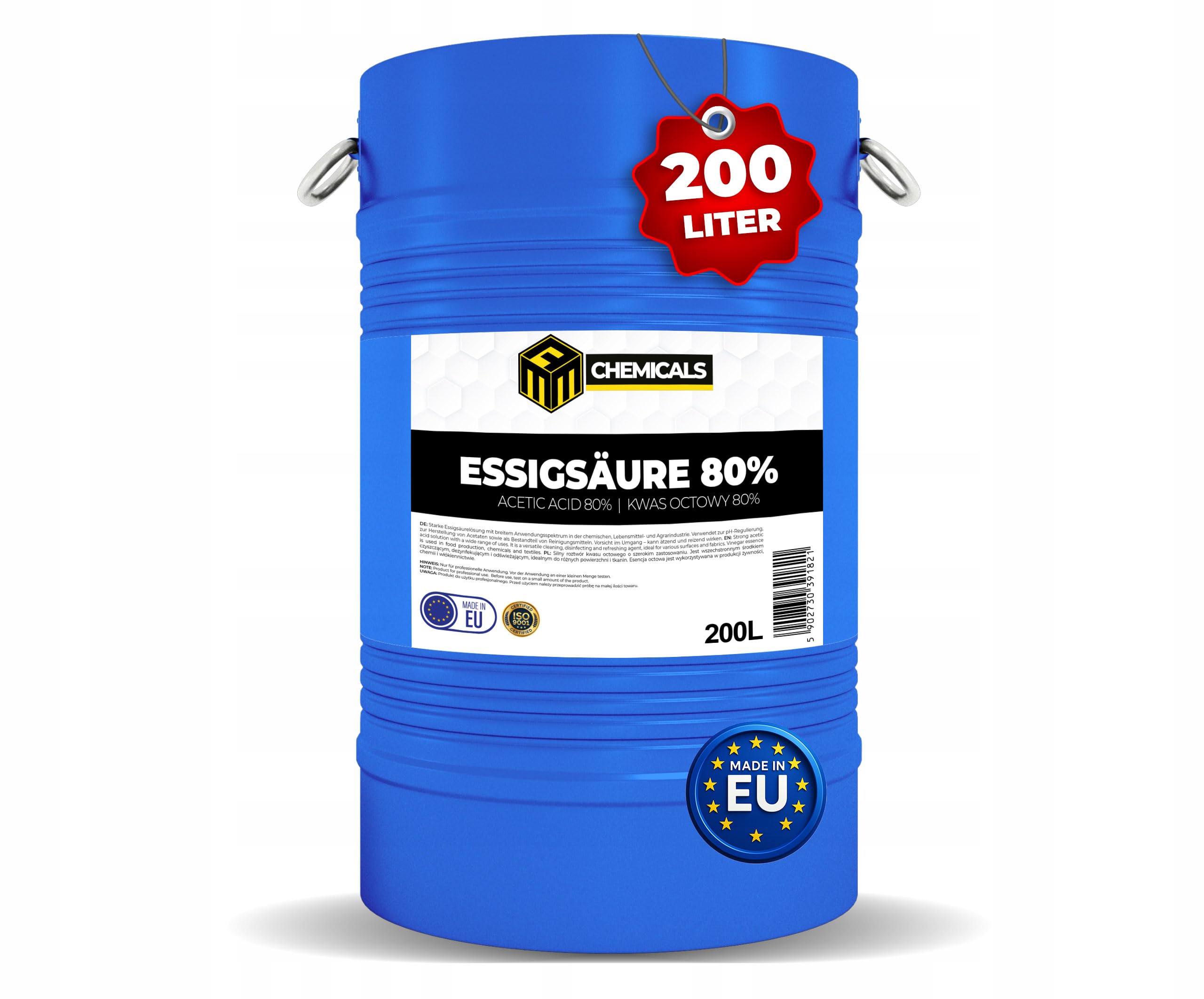 1 x 200L Essigsäure 80% – Hochkonzentrierte Essigessenz – Chemischer Rohstoff für Gewerbe, Synthesen & technische Anwendungen – EU-Qualität