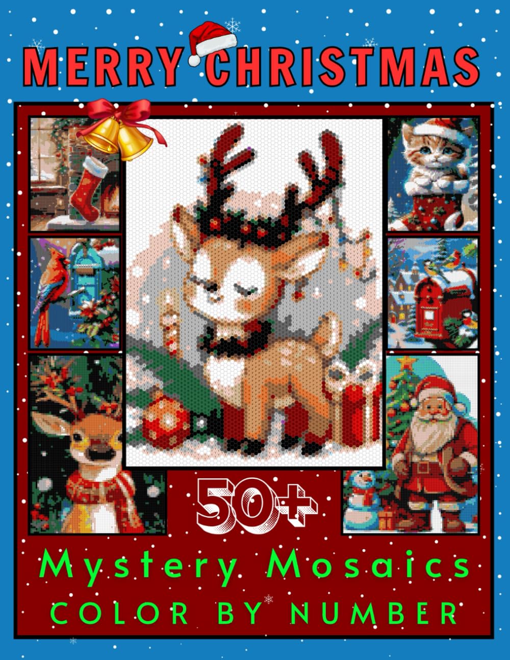 Merry Christmas Mystery Mosaic Color by Number for Adults & Teens: 50 Design Relaxing Holiday Coloring Book Puzzles with Santa, Snowflakes, Trees & Festive Winter Scenes