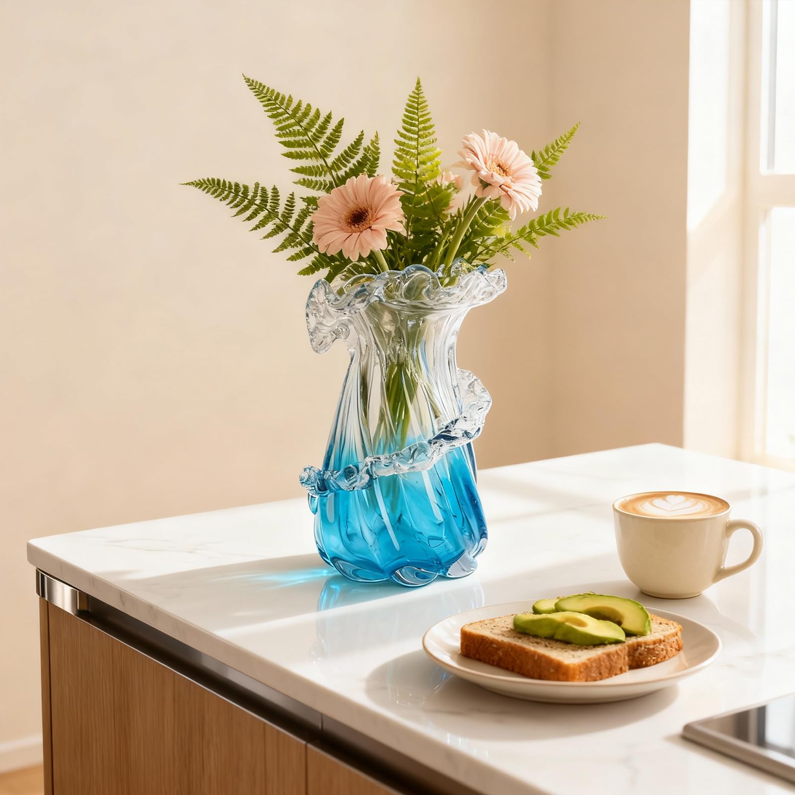 Vase en verre soufflé bleu, unique pièce artistique en verre ondulée océan pour décoration de maison côtière, table basse, table de console de salon, manteau de cheminée (Petit)