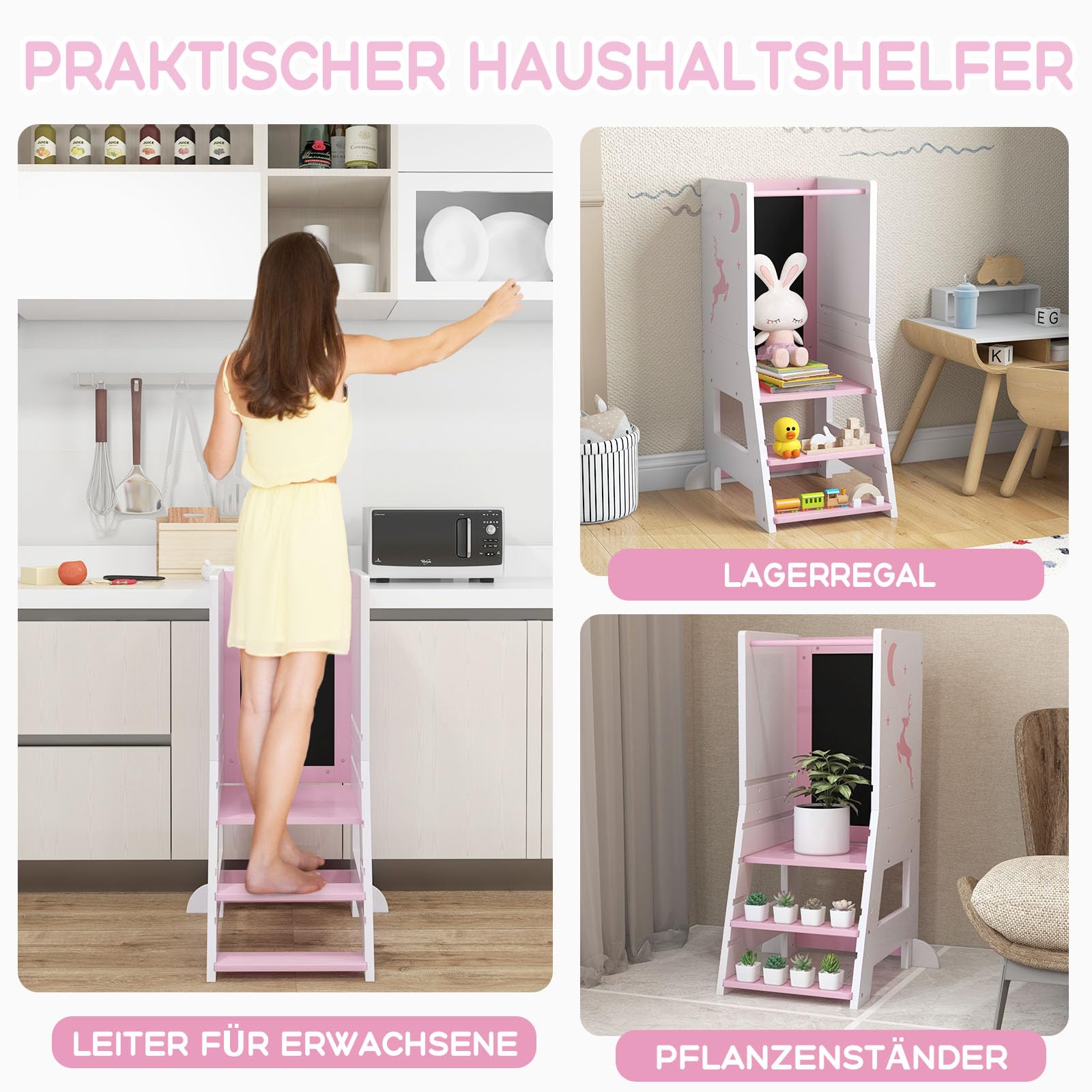 GOPLUS Lernturm Kinder, Mehrzweck-Tritthocker aus Holz mit 3 verstellbare Höhen, Lernstuhl Baby mit Whiteboard, Tafel, 3 Stiften, für Kinder ab 1 Jahren, 37 x 50 x 87 cm (Rosa)