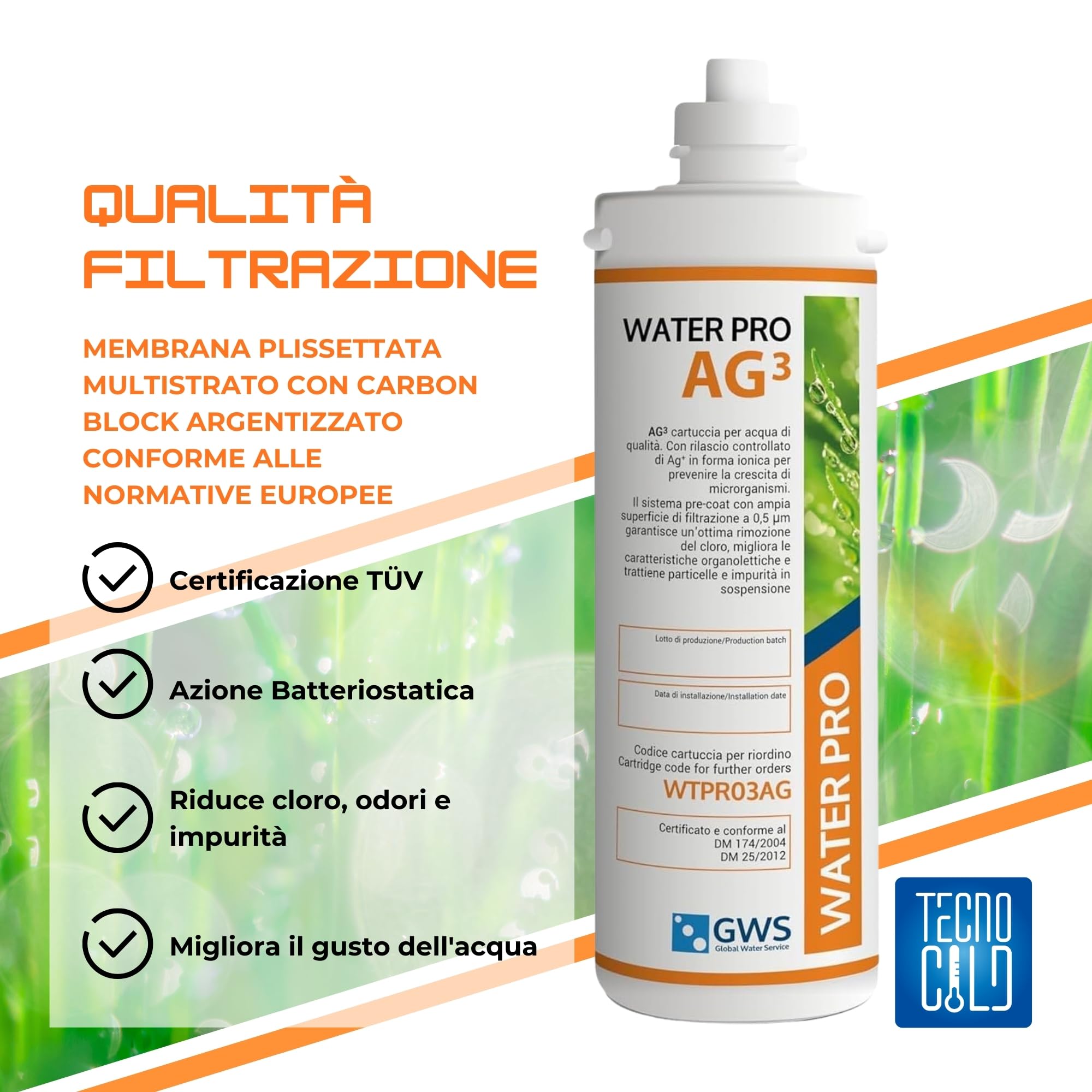 Filtro Acqua Microfiltrazione 0.5 µm Water Pro AG03 – Carbon Block con Membrana Plissettata – 5000 L – 3 L/min – Azione Batteriostatica – Riduce Cloro, Odori e Impurità