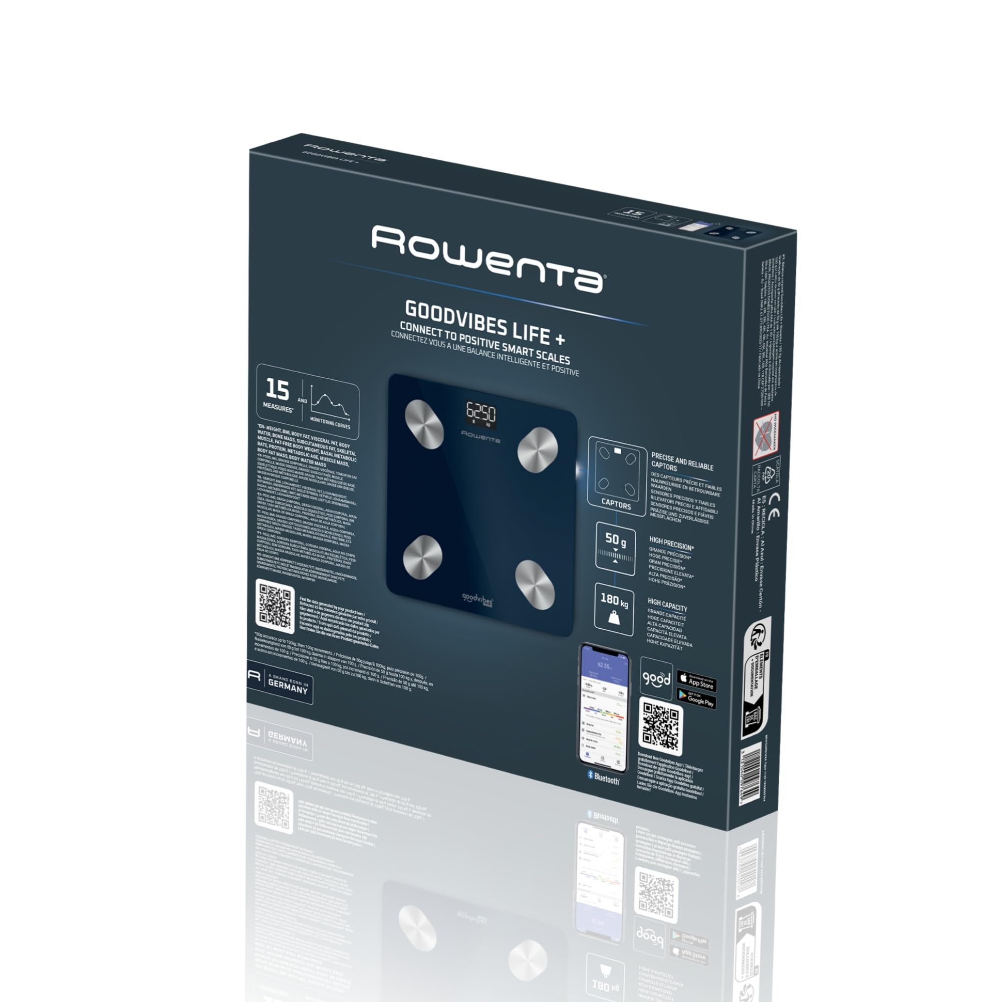 Rowenta Goodvibes Life + 2.0, Pèse-personne connecté, Application intuitive, 15 indicateurs corporels, Haute précision, Utilisateurs illimités, BR9720F0