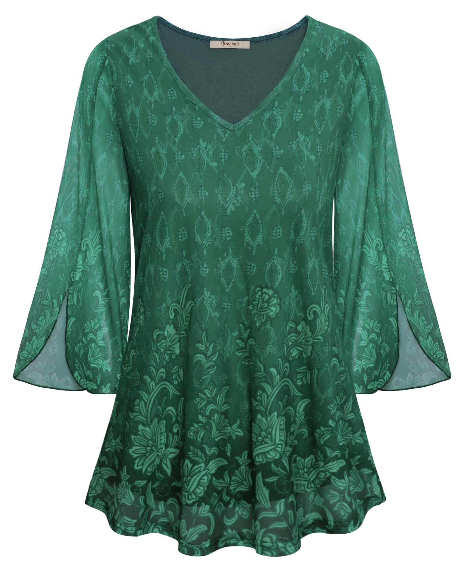 Bebonnie Womens Ruffle 3/4 Sleeve V Neck Double Layers Mesh Blouses Loose Fit Flowy Tunic Tops