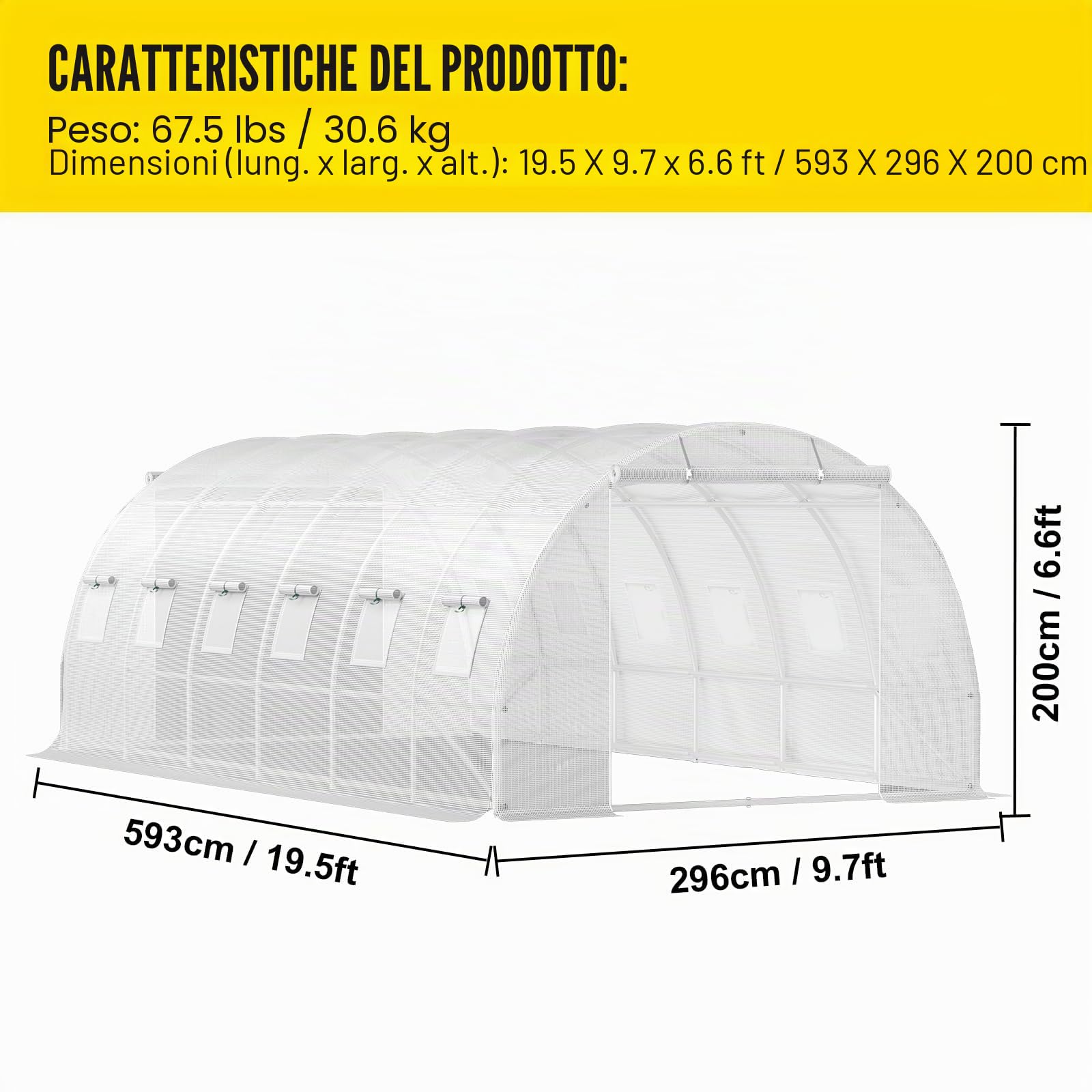 VEVOR Serra da Giardino per Piante a Tunnel Impermeabile con 12 Finestre e Porte 6,1 x 3 x 2,1m, Serra a Tunnel da Esterno Impermeabile in Acciaio Zincato Copertura PE 30,6 kg, Serra a Tunnel Bianco