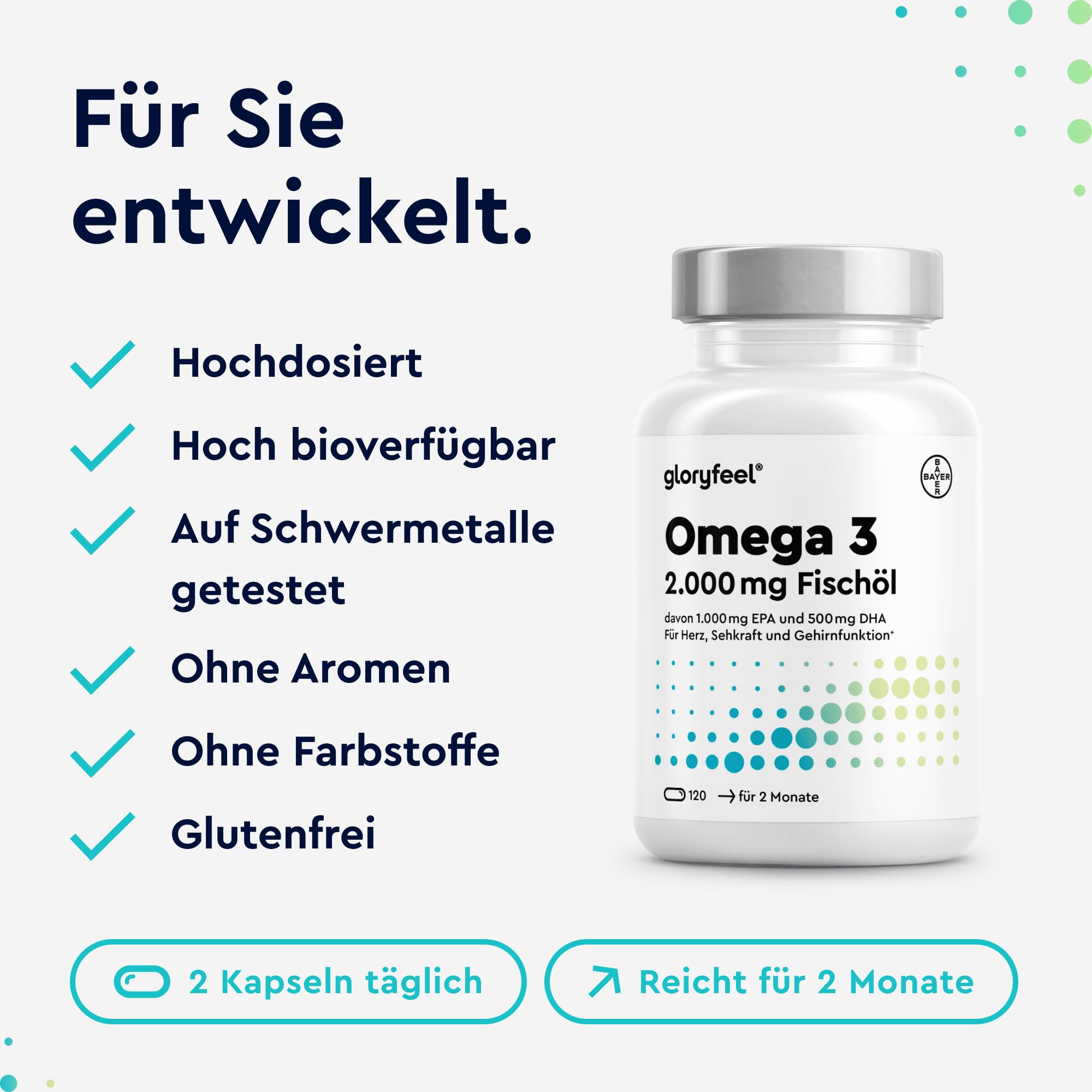 Omega 3 Kapseln - hochdosiert mit 2000mg Fischöl, 1000mg EPA & 500mg DHA pro Tagesdosis (in Triglycerid-Form) - essentielle Fettsäuren aus Meeresfischen - laborgeprüft & in Deutschland entwickelt