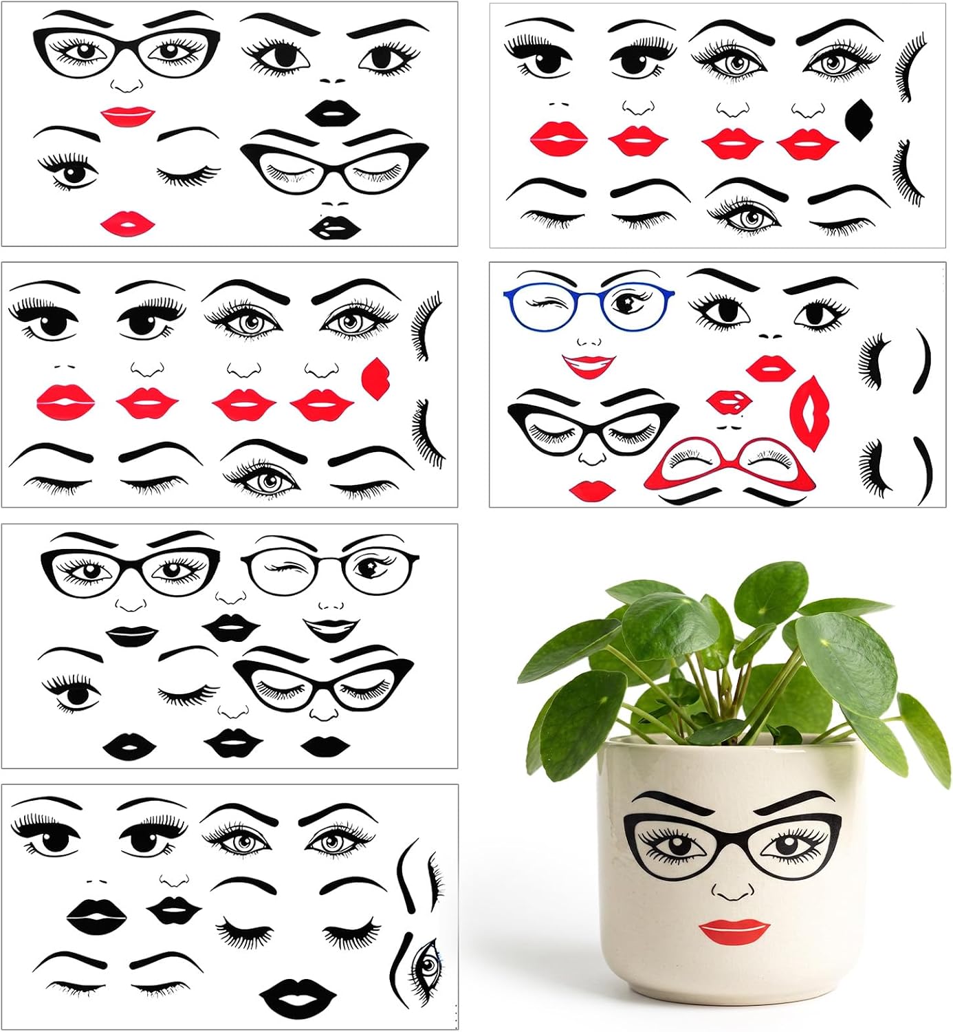 6PCS Face Stickers for Crafts Eyes Eyebrows Lips Mouth Nose Decals