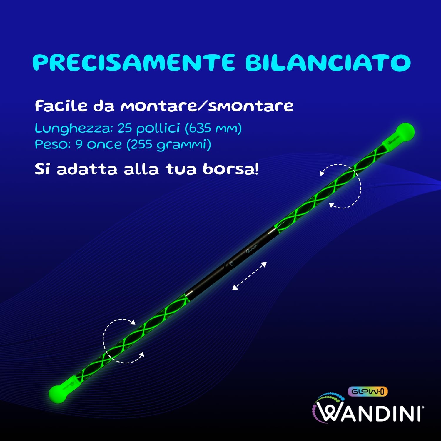 Wandini Glow.0 Bacchetta Magica a LED – Glow Stick a LED Pieghevole – Bastone Magico Ricaricabile Via USB - Bacchetta con Luci a LED Colorate - 22 modalità - Brevettata e Sapientemente Bilanciata