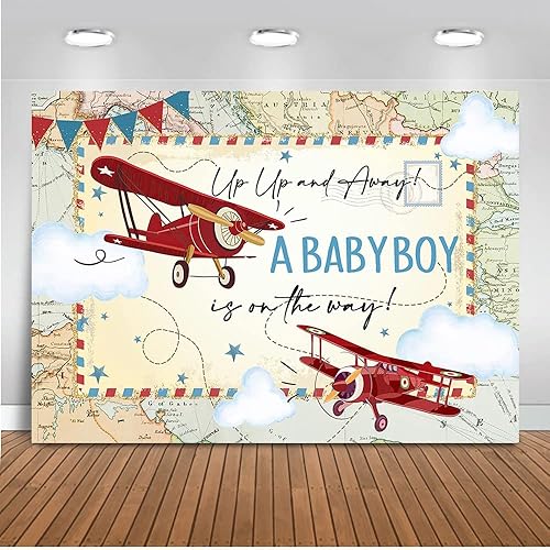 Mocsicka Telón de fondo rojo de avión para baby shower, mapa de aventura de avión vintage, un bebé niño está en camino, fondo de fiesta de baby
