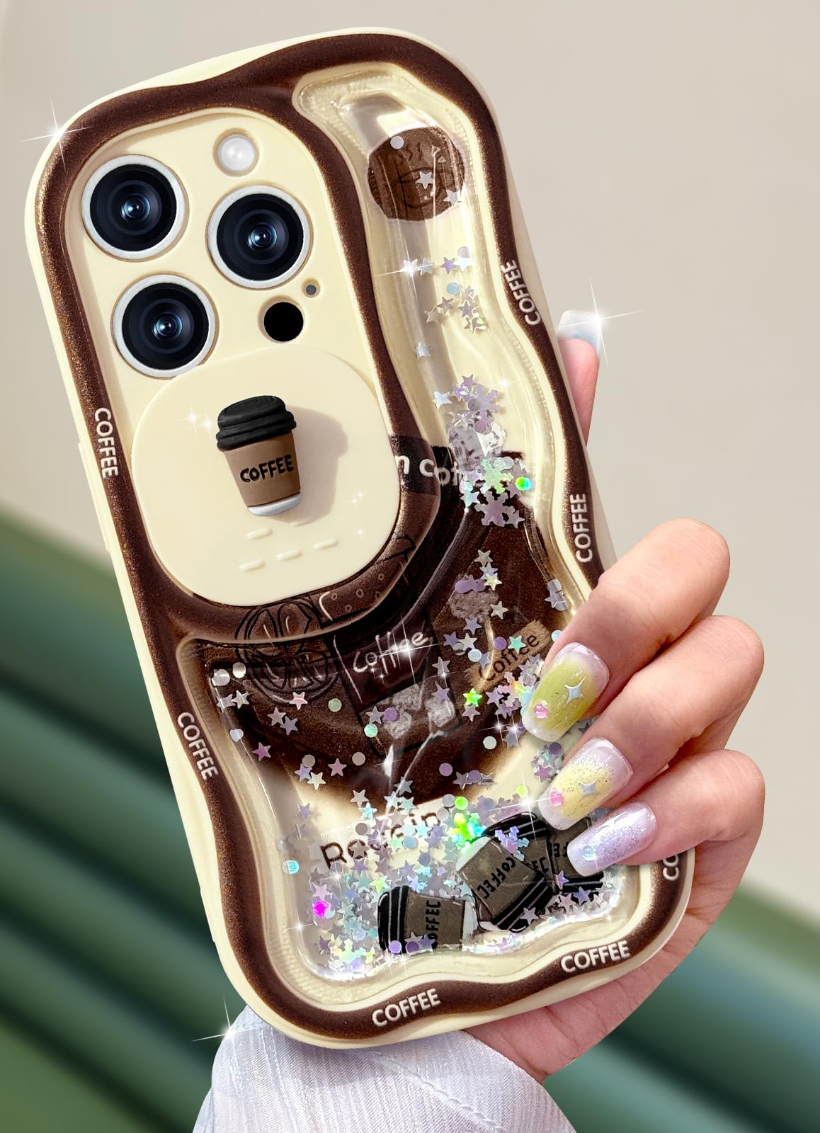 Toycamp for iPhone 14 Pro Case 6.1 Inch - Women Girls Cute Cover Coffee with Sliding Camera Cover Girly Glitter Aesthetic Pretty Cartoon Design