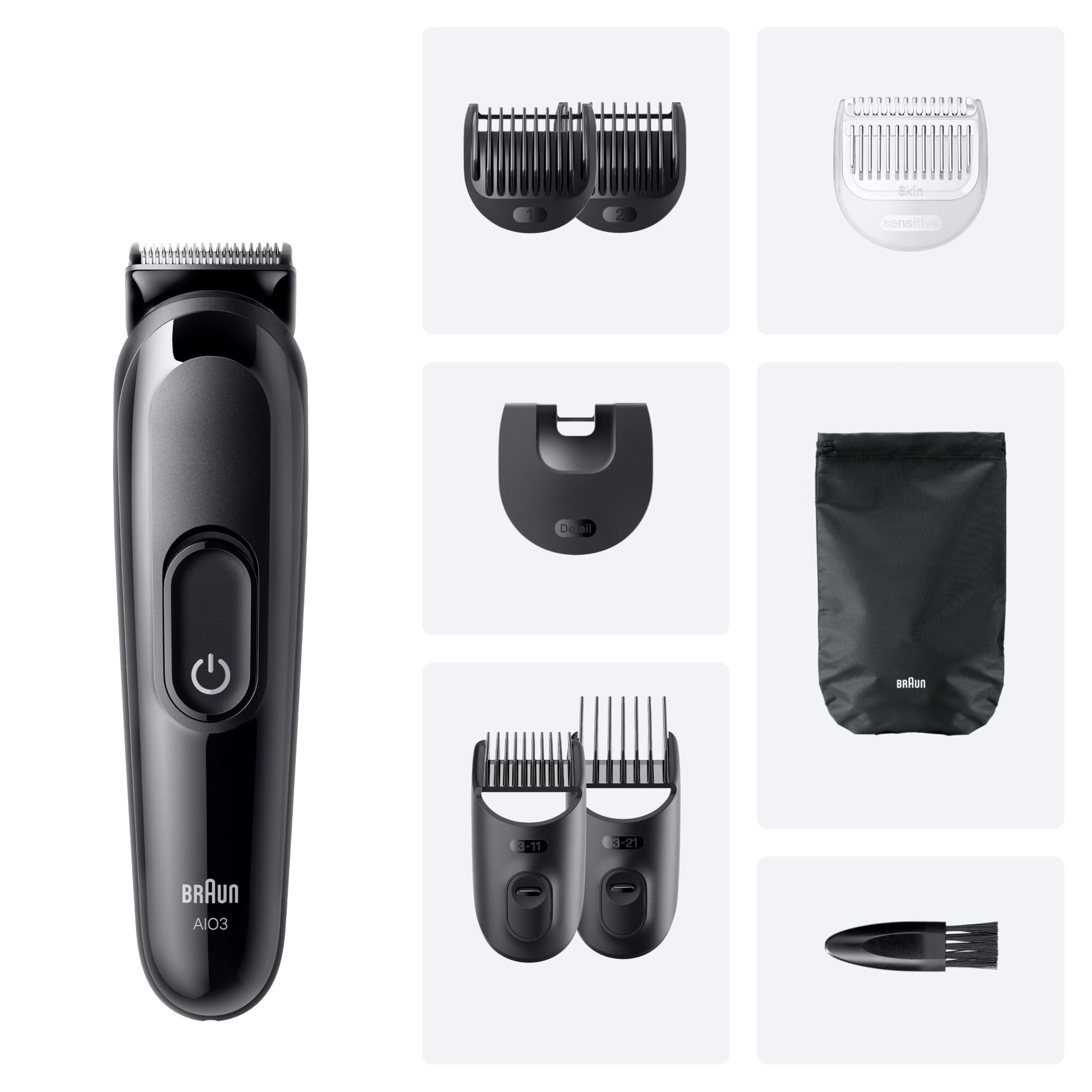 Braun Series 3 AIO3545 Tondeuse Electrique Homme 8-en-1, Noire, Etanche, Batterie Rechargeable, Coffret 14 Longueurs