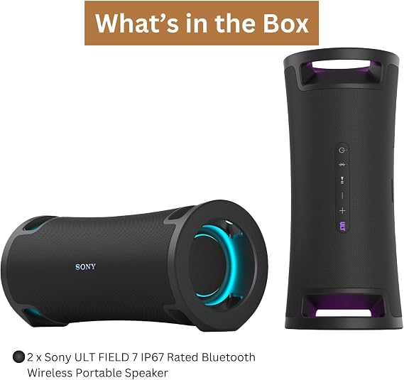 Sony ULT Field 7 SRSULT70 Wireless Portable X-Balanced Speaker with Bluetooth Fast Pair, Multipoint Connection, and Expressive Lighting (Stereo Pair, Black) Bundle (2 Items)