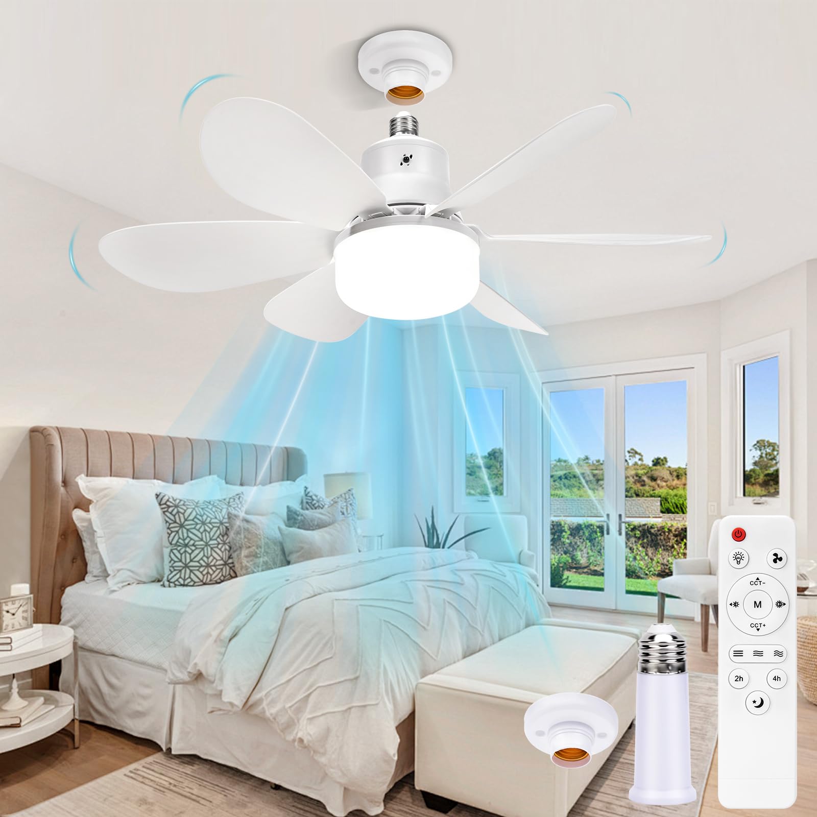 BomKra Ventilatore da Soffitto Con Luce e Telecomando, E27 Silenzioso Lampadario Ventilatore LED, Dimmerabile, 3 Velocità, 3 Temperature di Colore, per Soggiorno, Camera da Letto, Camera dei bambini