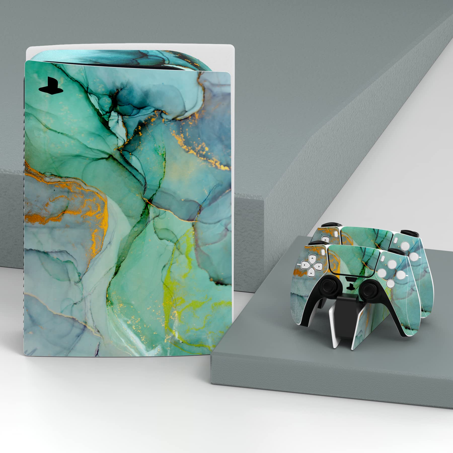 playvital Turquoise Marble Effect Full Set Skin Decal for ps5 Console Disc Edition,Sticker Vinyl Decal Cover for ps5 Controller & Charging Station & Headset & Media Remote - 3
