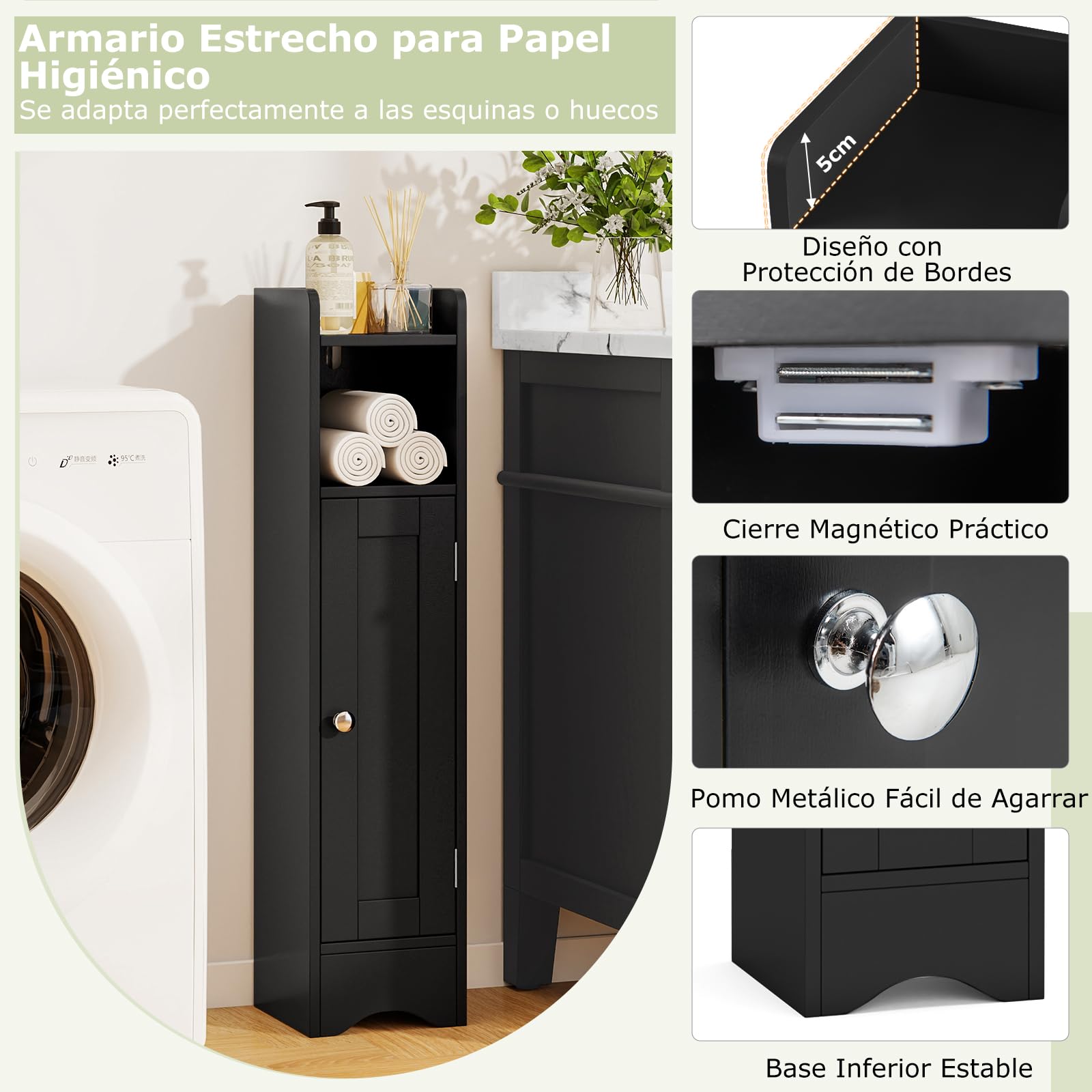 GIANTEX Armario Estrecho de Baño con Puerta, Mueble Organizador para Papel Higiénico con 5 Estantes de Almacenamiento, 2 Estantes Ajustables, 18 x 19,5 x 80 cm, para Salón, Lavandería (Negro)