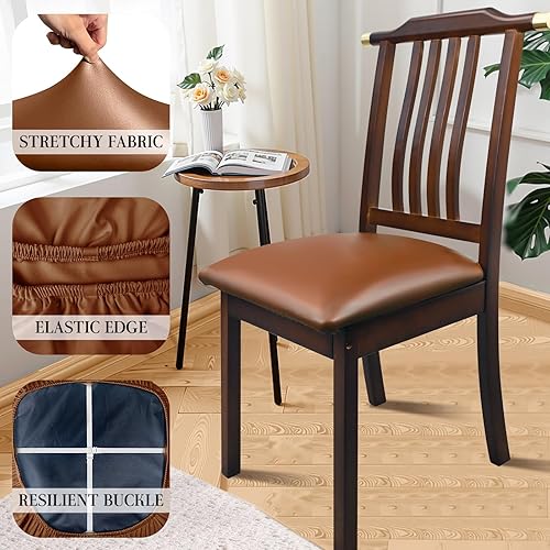 Miniatura 5 de Juego de 4 fundas de asiento para sillas de comedor de piel sintética, impermeables, fundas elásticas para sillas de comedor, cocina, hotel, fundas