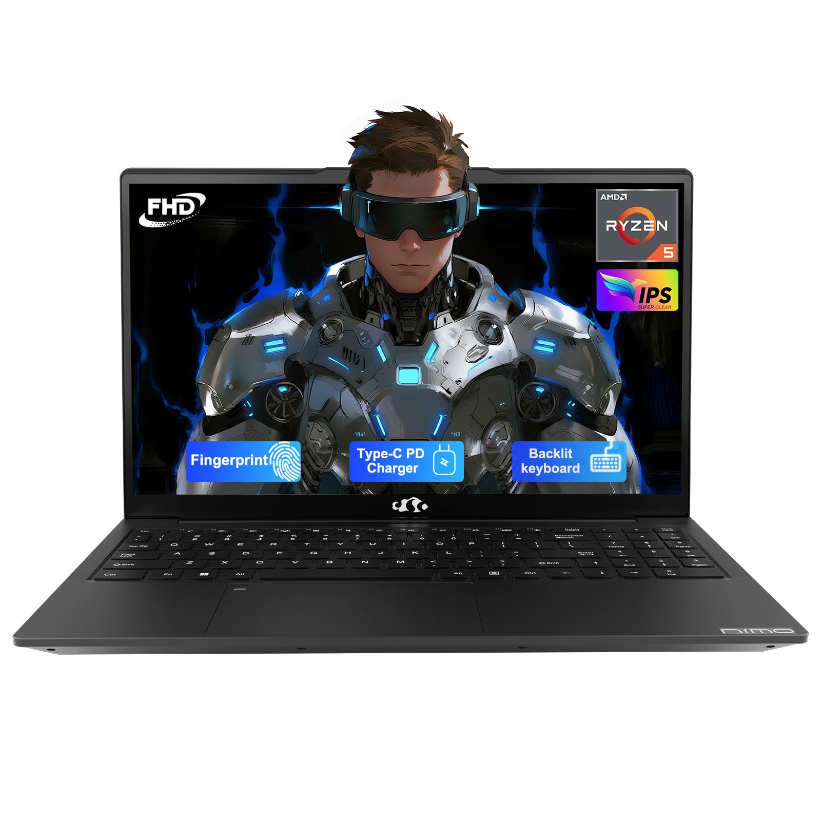 NIMO 15.6'' IPS FHD-Laptop, 8GB RAM 256GB SSD AMD Ryzen 5(Beat i5-1135G7, 4 Cores Up to 3.7GHz) Student Computer with 65W Type-C, 2 Years Warranty, Fingerprint, Backlit Keyboard, BT5.2, Numpad, Black