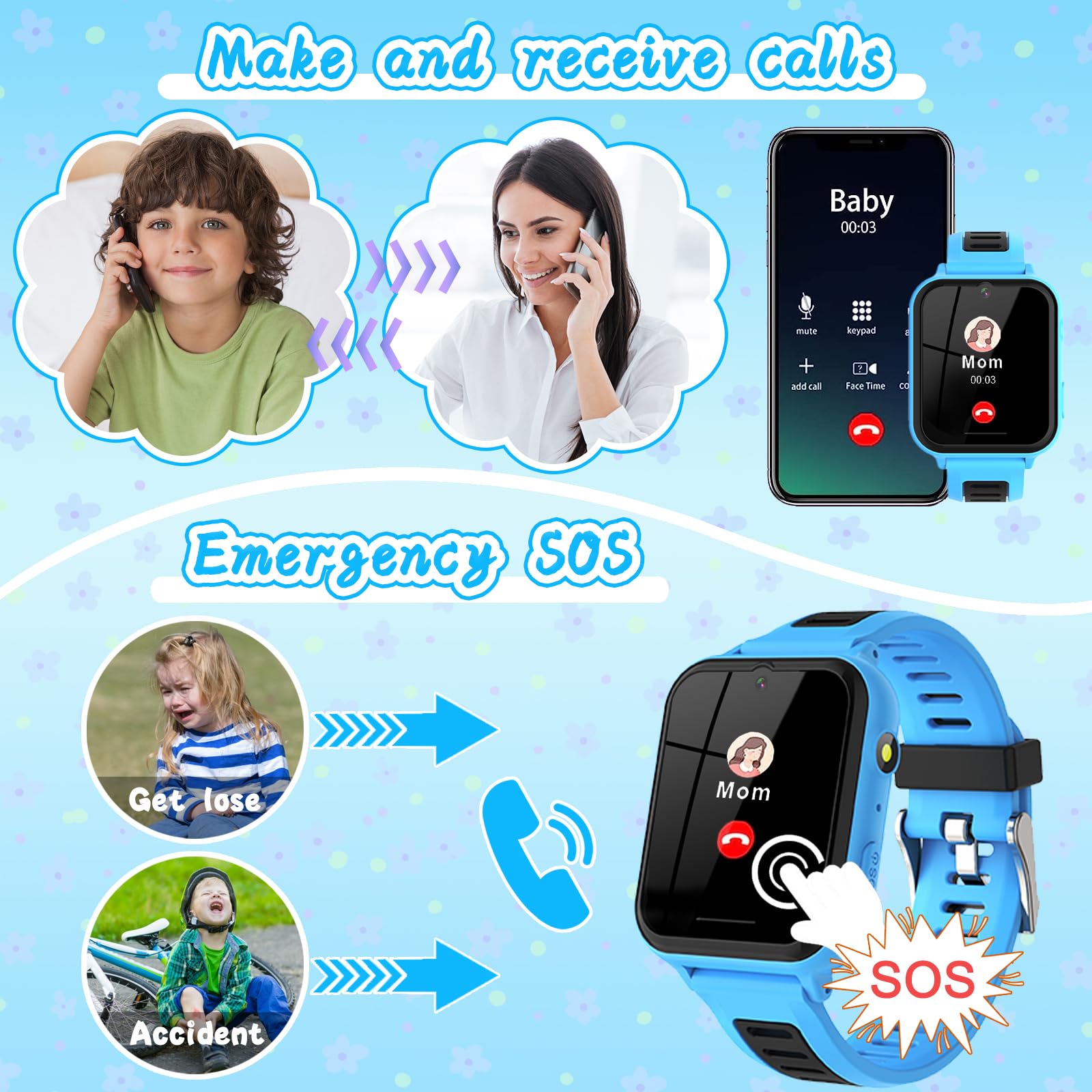 Montre Connectée Enfant Garçons Filles, Montre Intelligente Enfant avec SOS Appeler, 14 Jeux HD Caméra & Lecteur Vidéo Musique Torche, Cadeaux pour Enfants 3-12ans (Bleu)