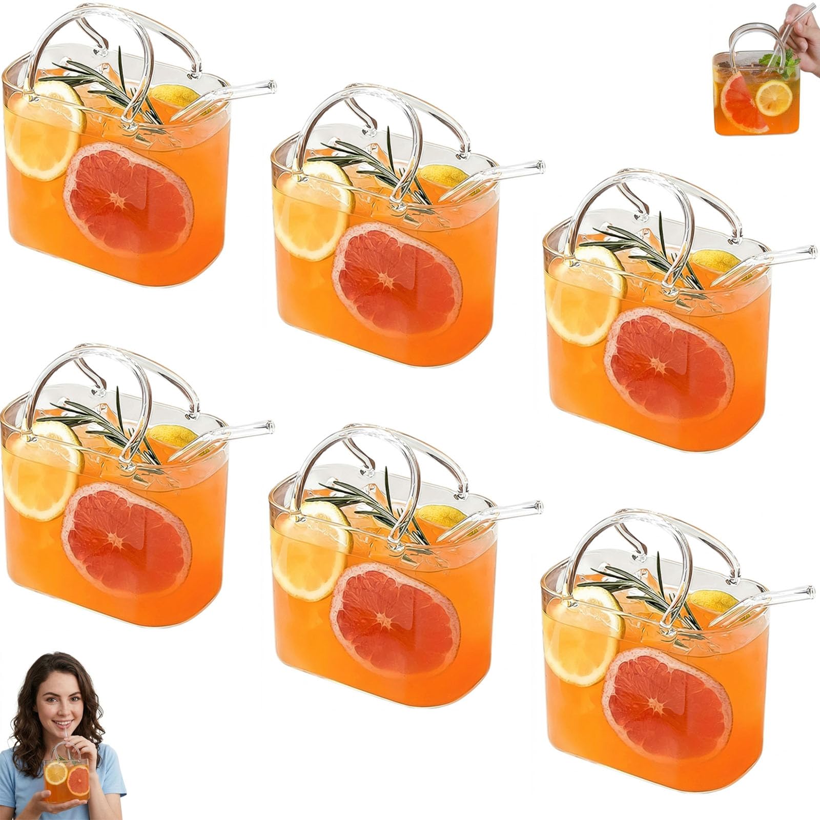 Borsa in vetro per bevande, 760 ml, bicchiere a forma di borsetta con cannuccia e manico, bicchieri creativi da cocktail per vino e bevande, regalo unico fatto a mano per donne (6 pezzi)
