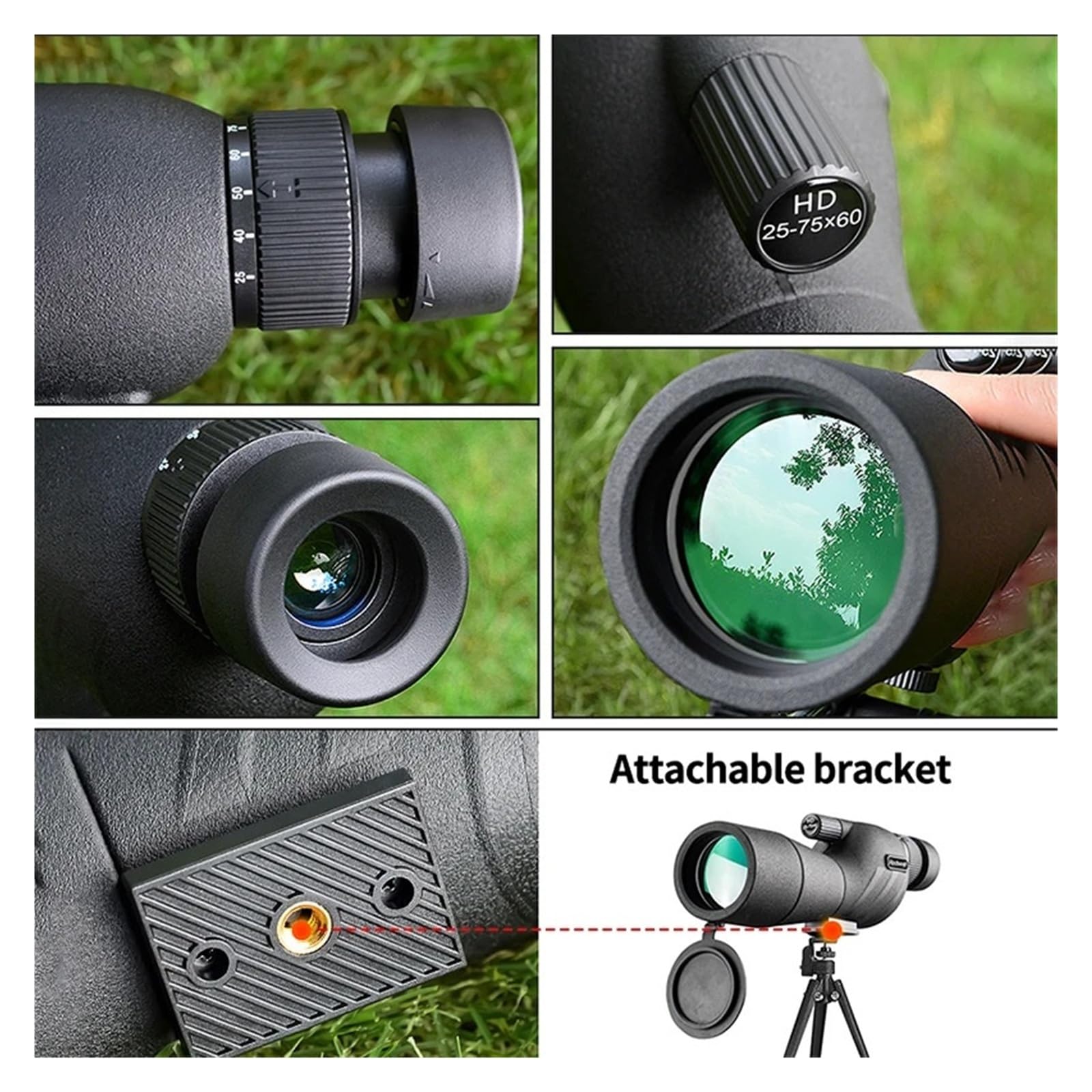 Cannocchiale da osservazione HD 25-75x60 Potente telescopio monoculare con zoom Prisma impermeabile for birdwatching, tiro al bersaglio, campeggio(With tripod and clip)