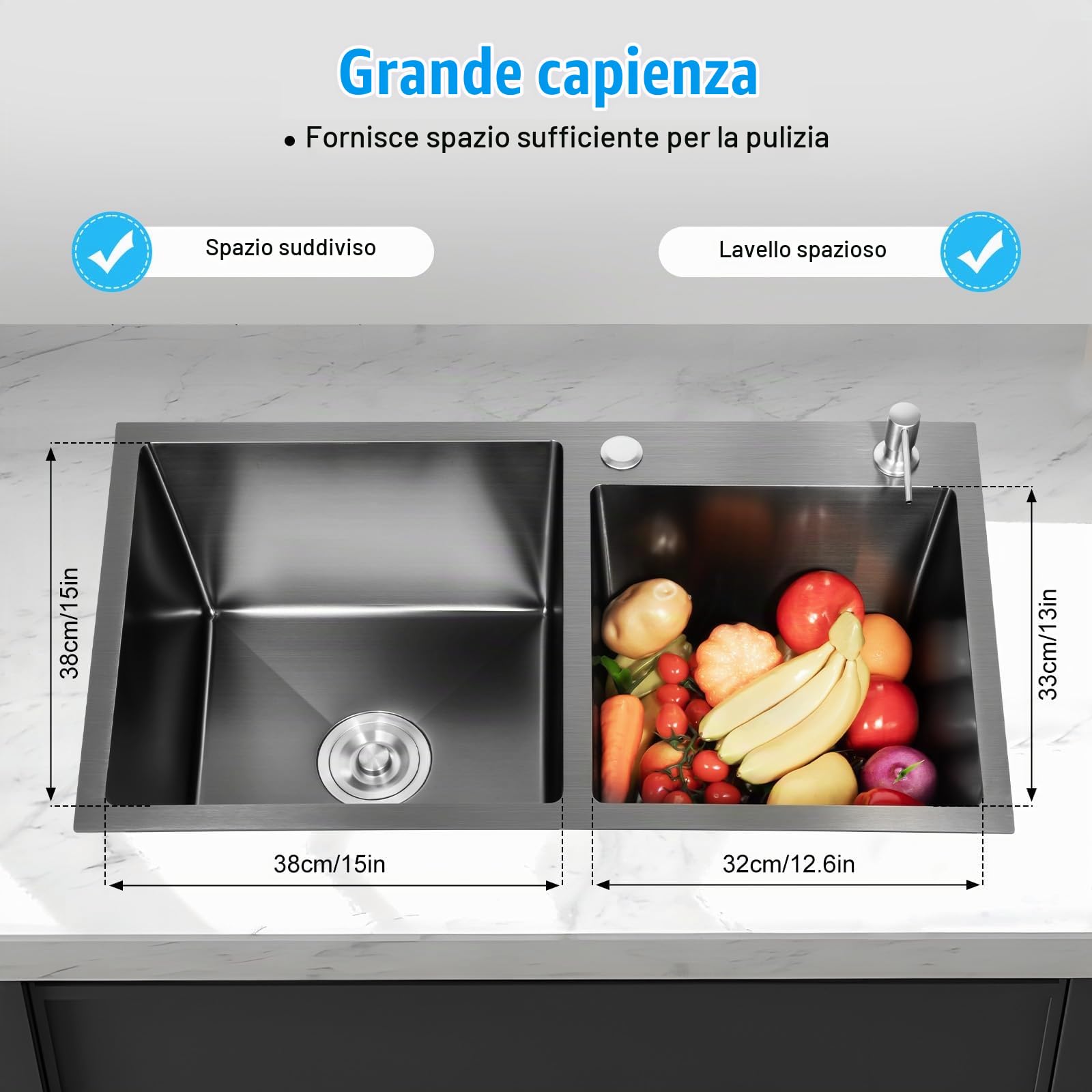 Lavello da cucina doppio in acciaio inox, 2 vasche da incasso, con scolapiatti e dispenser di sapone, colore: nero, 78 x 43 x 22 cm