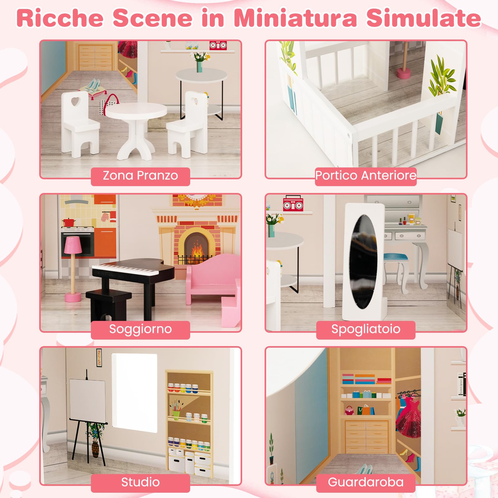 GYMAX Casa delle Bambole in Legno per Bambini, Villa a 2 Piani Semi-Aperta con Stanze e Set di Mobili, Portico e Lucernari, Ideale per Bambini dai 3 Anni +, 81 x 30 x 86 cm