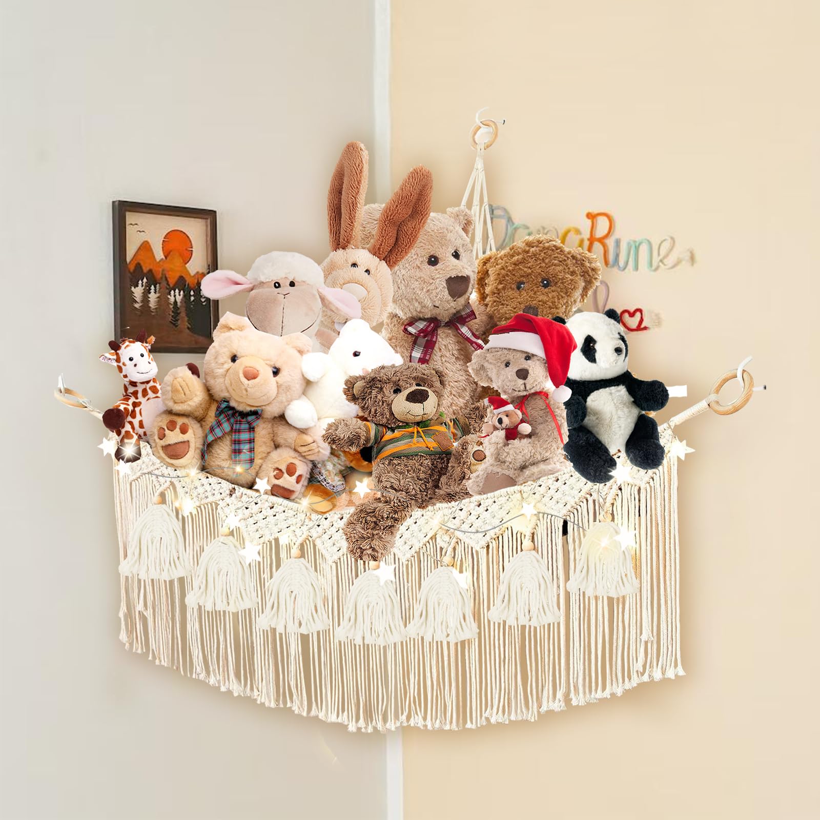 Brmeday Macrame Stuffed Animal Hammock Corner Net - Toy & Stuffed Animal Storage with Star String Light, Corner Hammock Organizer for Plush Animals, Girls Boys Gift, Bohomian Woven Decor, SNWD-1