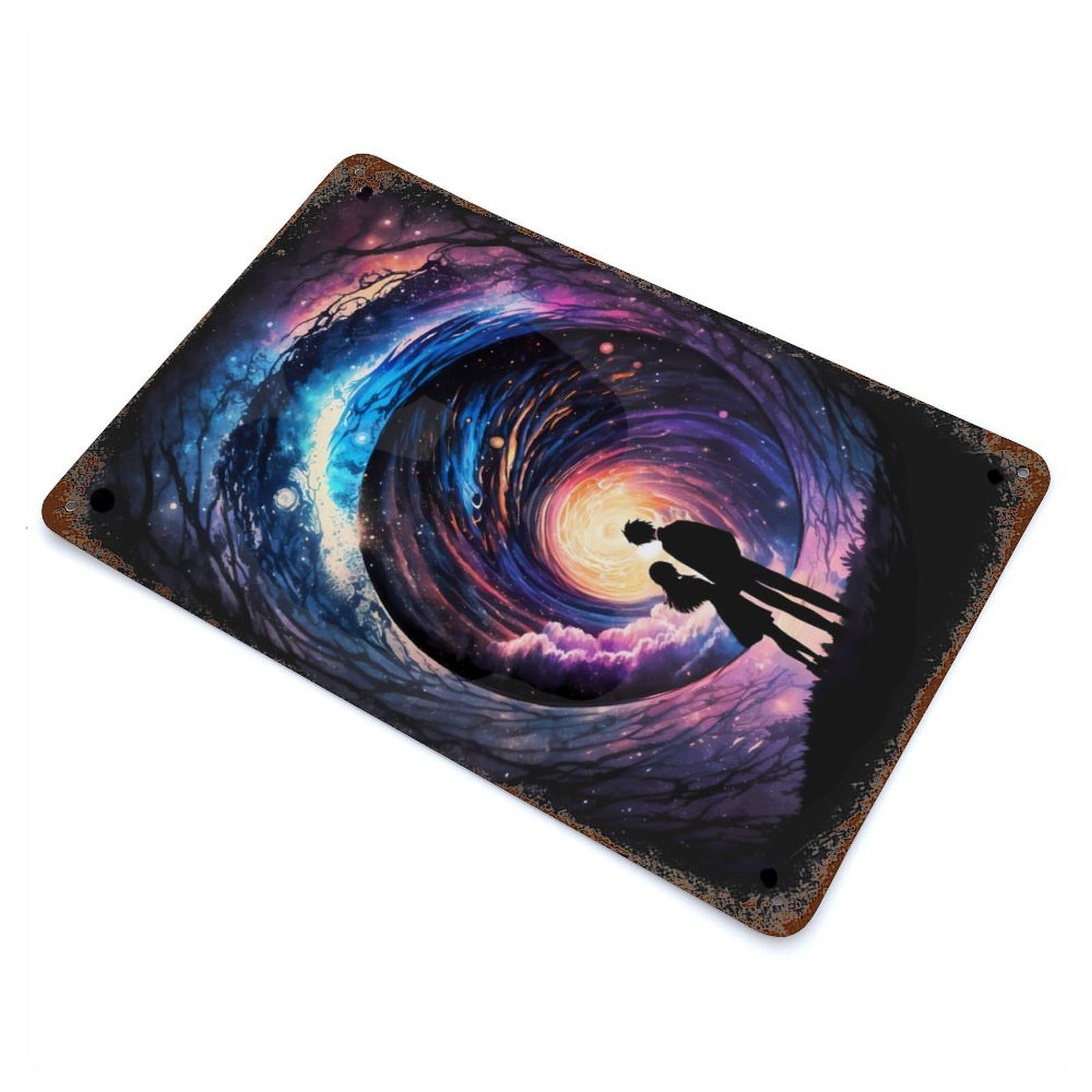 Distressed Metal Wall Sign Cosmic Love Story 11.8"x7.9", Vintage Wall Decor for Cafe, Home Bar And Lounge Decor