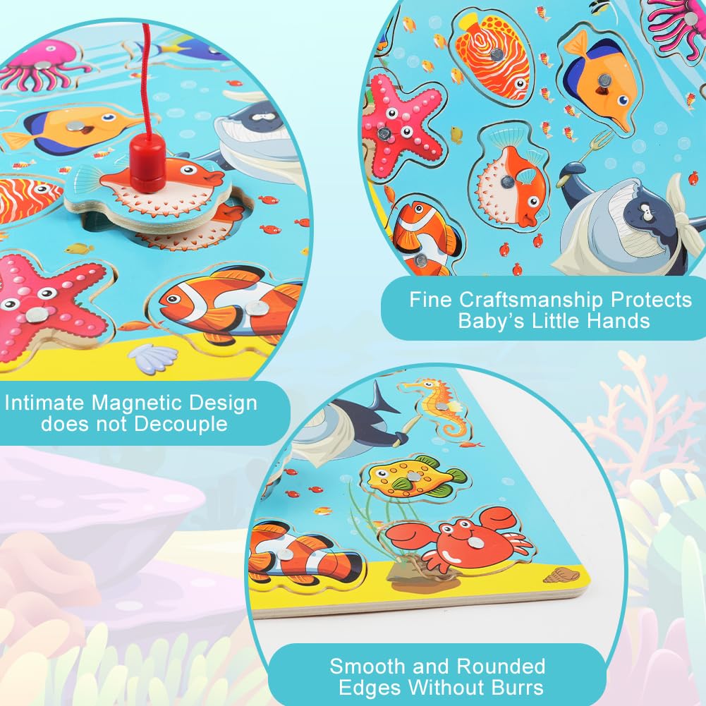 Vicloon Magnetico Giochi di Pesca per Bambini, Giochi Magnetici di Pesca in Legno, Giocattoli di Legno Gioco di Pesca, Giochi Montessori, Educativo Interattivi per Bambini Regalo 3 4 5 Anni(Oceano)