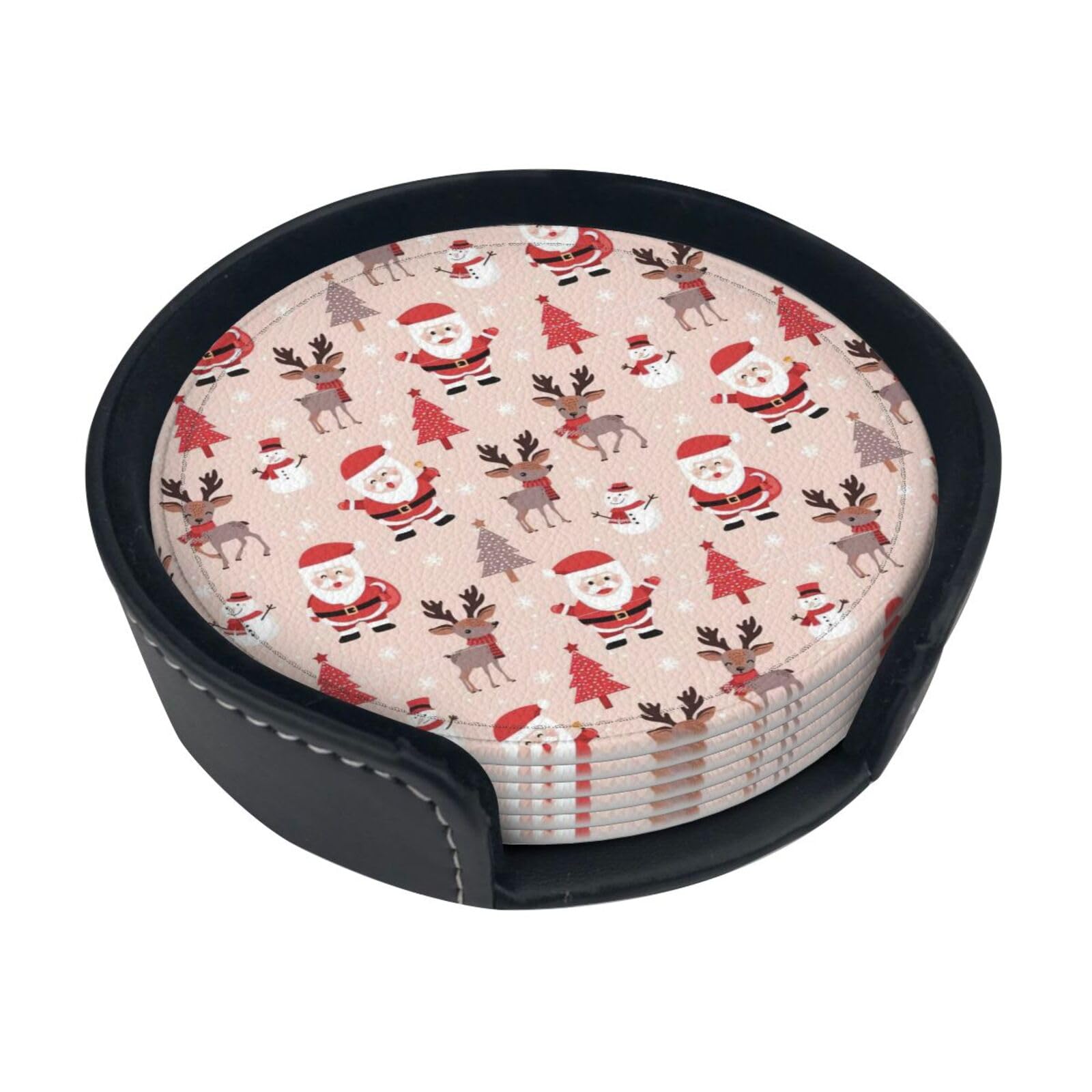 Cute Christmas Holidays Print Round Coasters Set Of 6,Coaster For Tabletop Protection Home Bar Decor