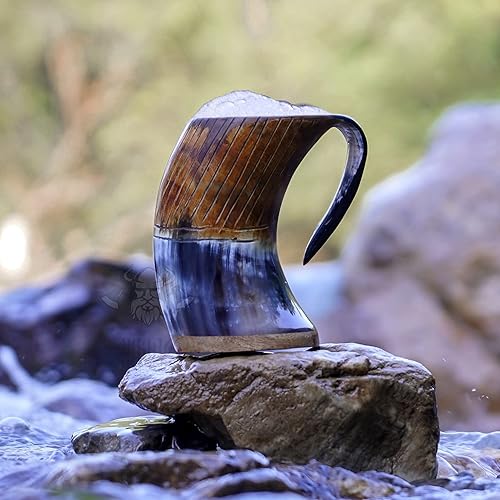 Miniatura 7 de Taza original de cuerno vikingo con saco de arpillera, base de madera de 20 onzas, extra grande, inspirada en la Edad Media, hecha a mano, pulida,