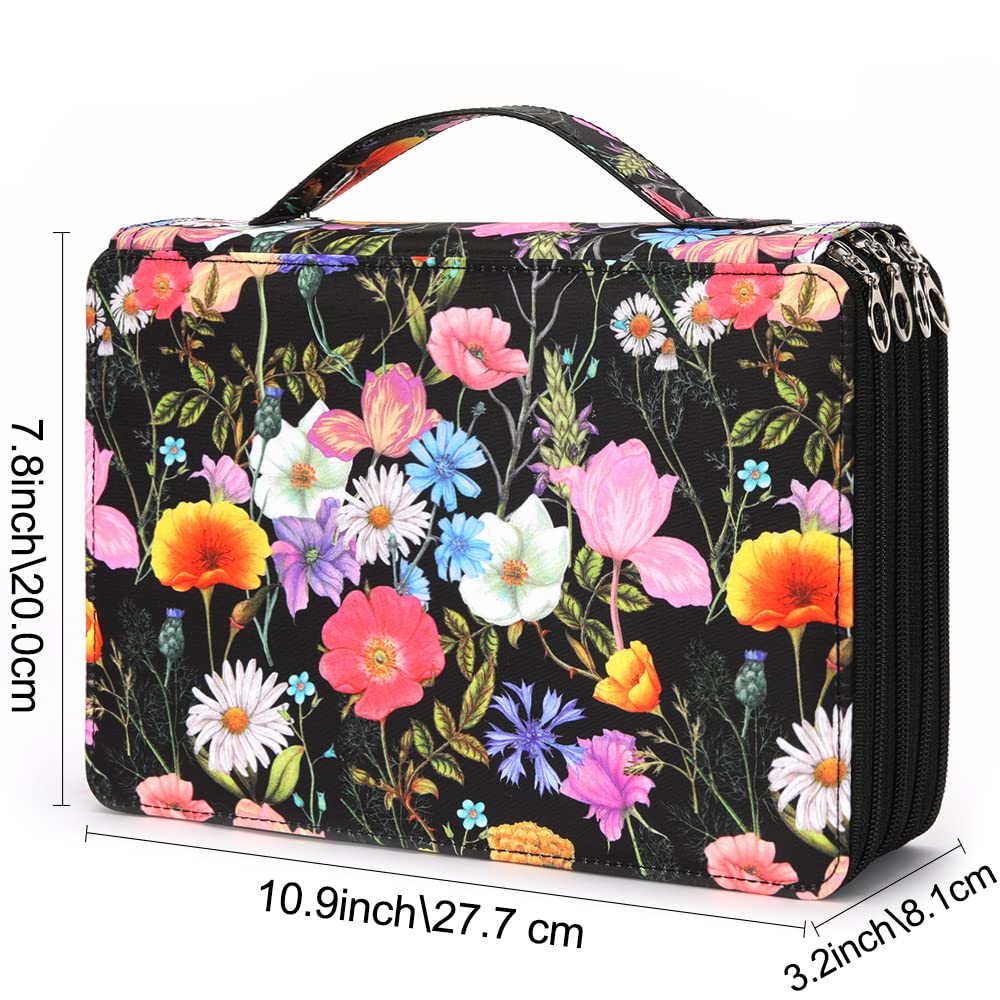 Trousse à crayons de couleur – 200 emplacements avec fermeture éclair en tissu sergé de grande capacité, motif rose, pour étudiant ou artiste (fleur noire)