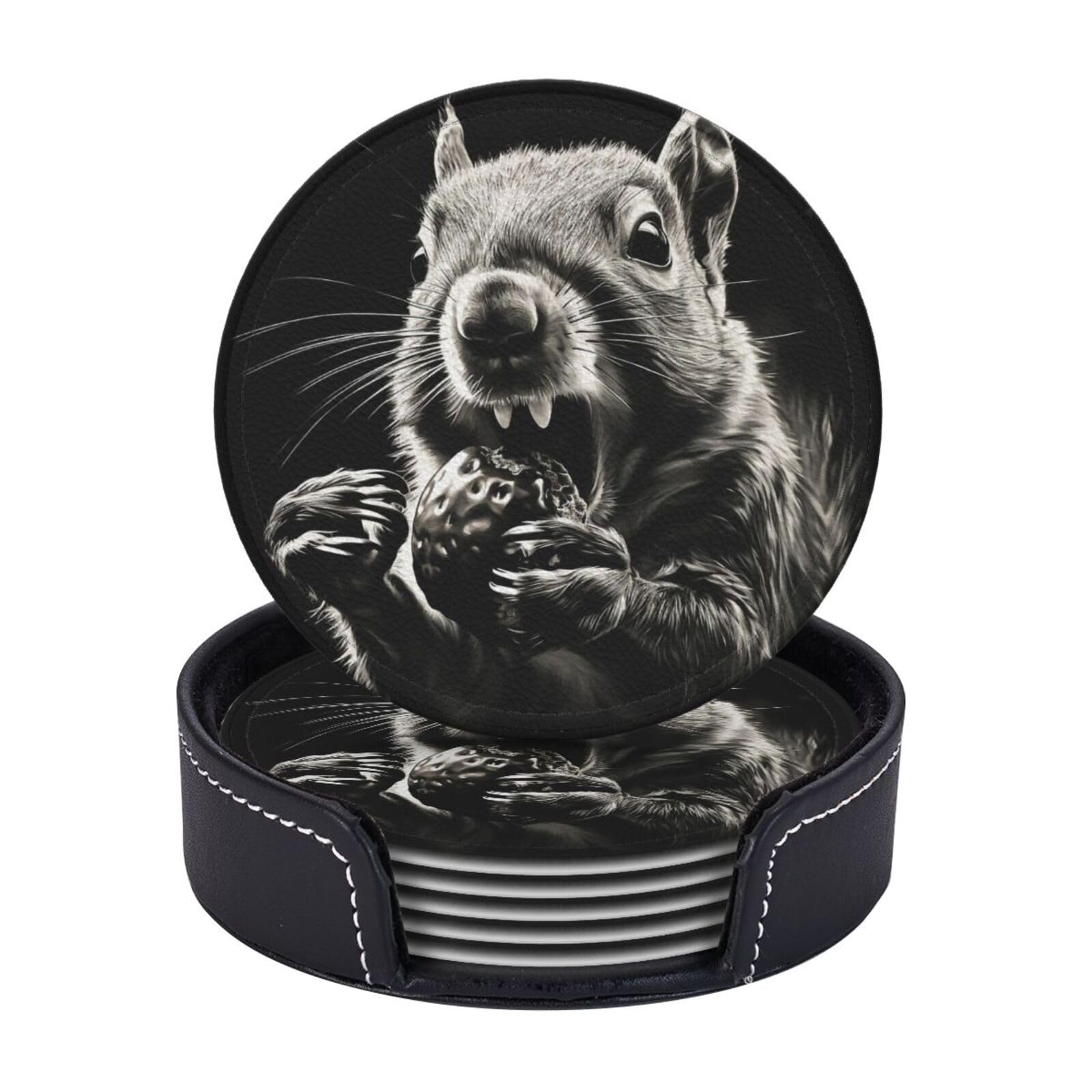 Drink Coasters 6 PCS Round Leather Coaster Squirrel Opens Its Mouth Coasters for Drinks Non-Slip Mugs Pads with Holder Personalized Cups Pad Mat for Coffee Table Kitchen 10 CM