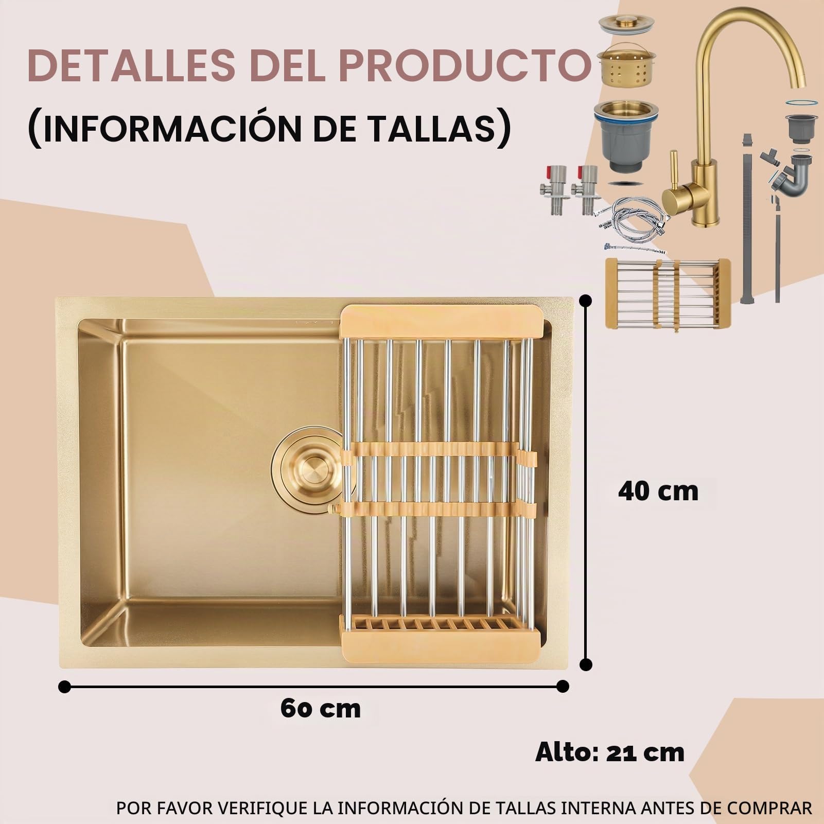 60 x 40 cm, dorado, 1 lavabo con grifo de acero inoxidable, fregadero de cocina rectangular, pequeño, con drenaje dorado y componentes de montaje, con cesta de desagüe, fregadero de bar