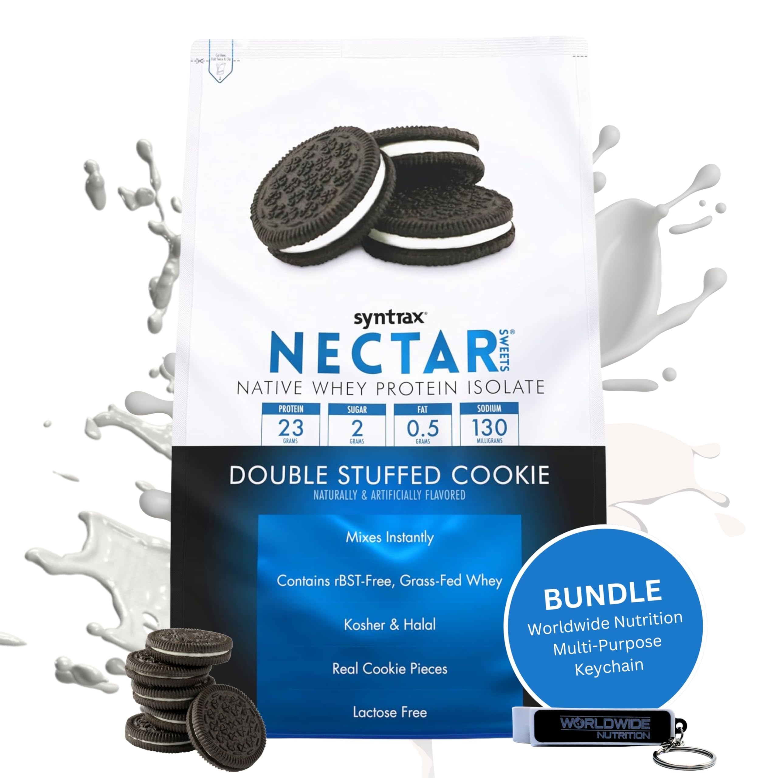 SyntraxBundle: Nectar Sweets Whey Isolate Protein Powder - Double Stuffed Cookie Flavor - Gluten Free and Lactose-Free - 2 Pounds Nectar Protein Powder Blend and Worldwide Nutrition Keychain