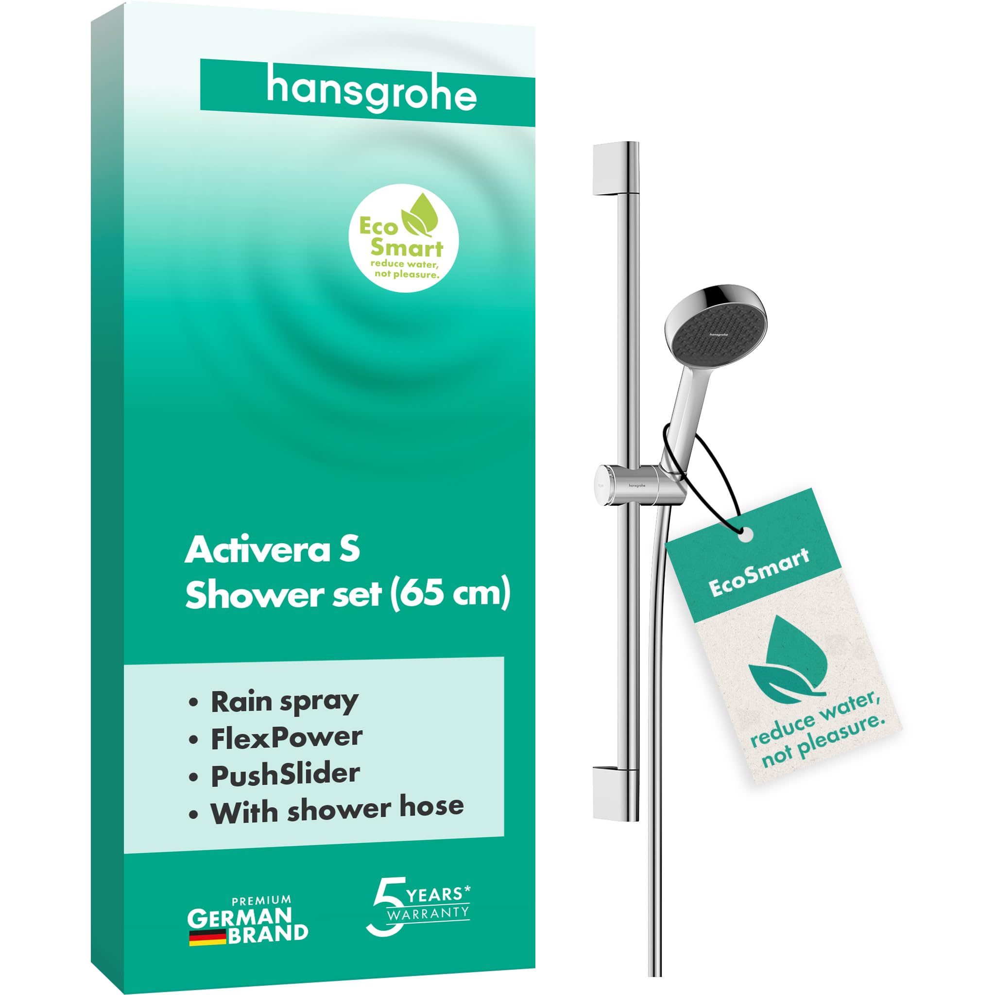 hansgrohe Activera S - Shower Set with Shower Head Water-Saving (EcoSmart, 2 Sprays), Shower Hose (1,60 m) and Shower bar (0,65 m), Chrome, 28041000