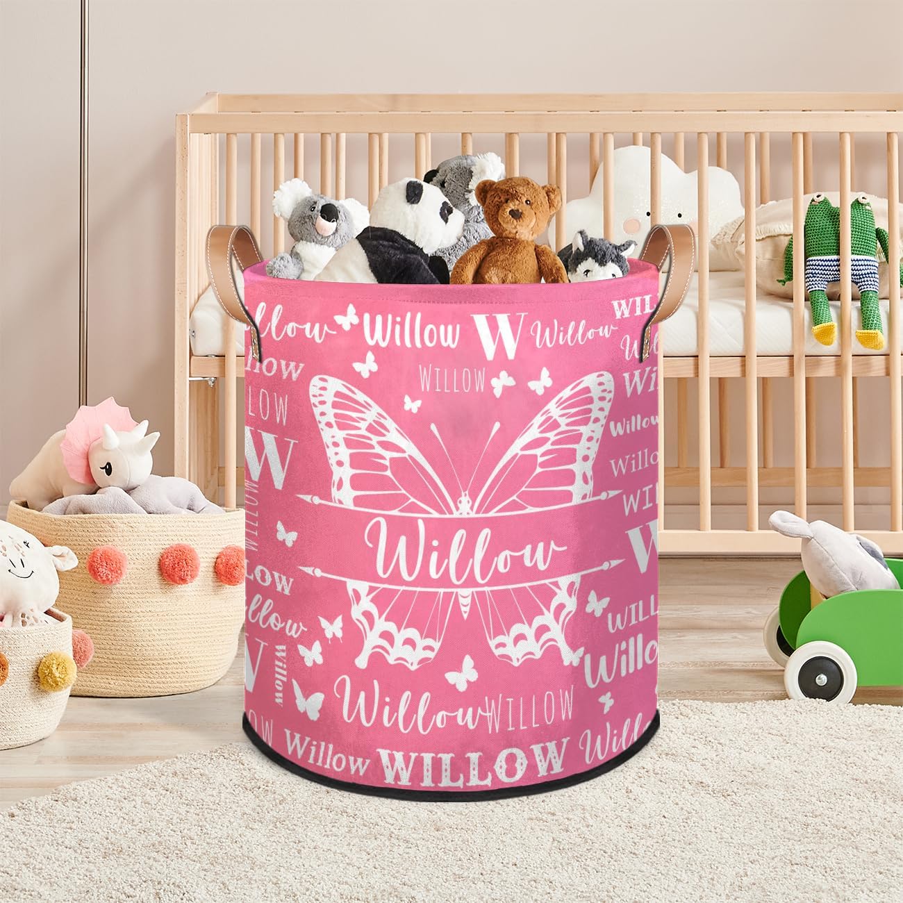 Personalized Hampers with Name Initial, Custom Butterfly Laundry-Basket for Girls Baby,Customized Foldable Round Storage Basket with Handle for Clothes