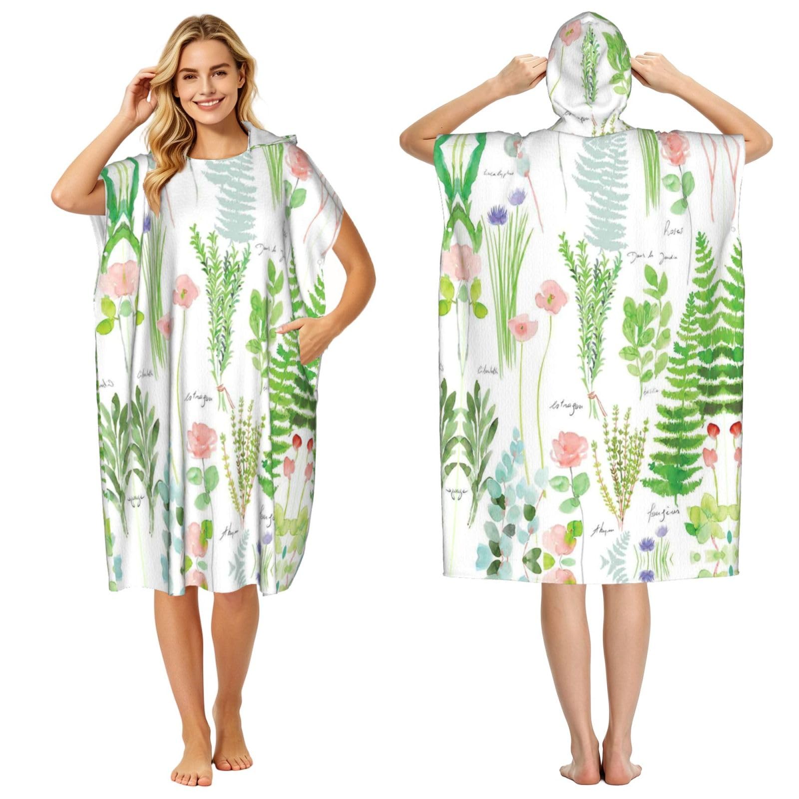 EZDLOWVBA Springtime Herb Garden Print Hooded Poncho Microfiber Beach Towel,Adult Women & Men Changing Robe,Lightweight Summer Surf Swim Bath Poncho Towel