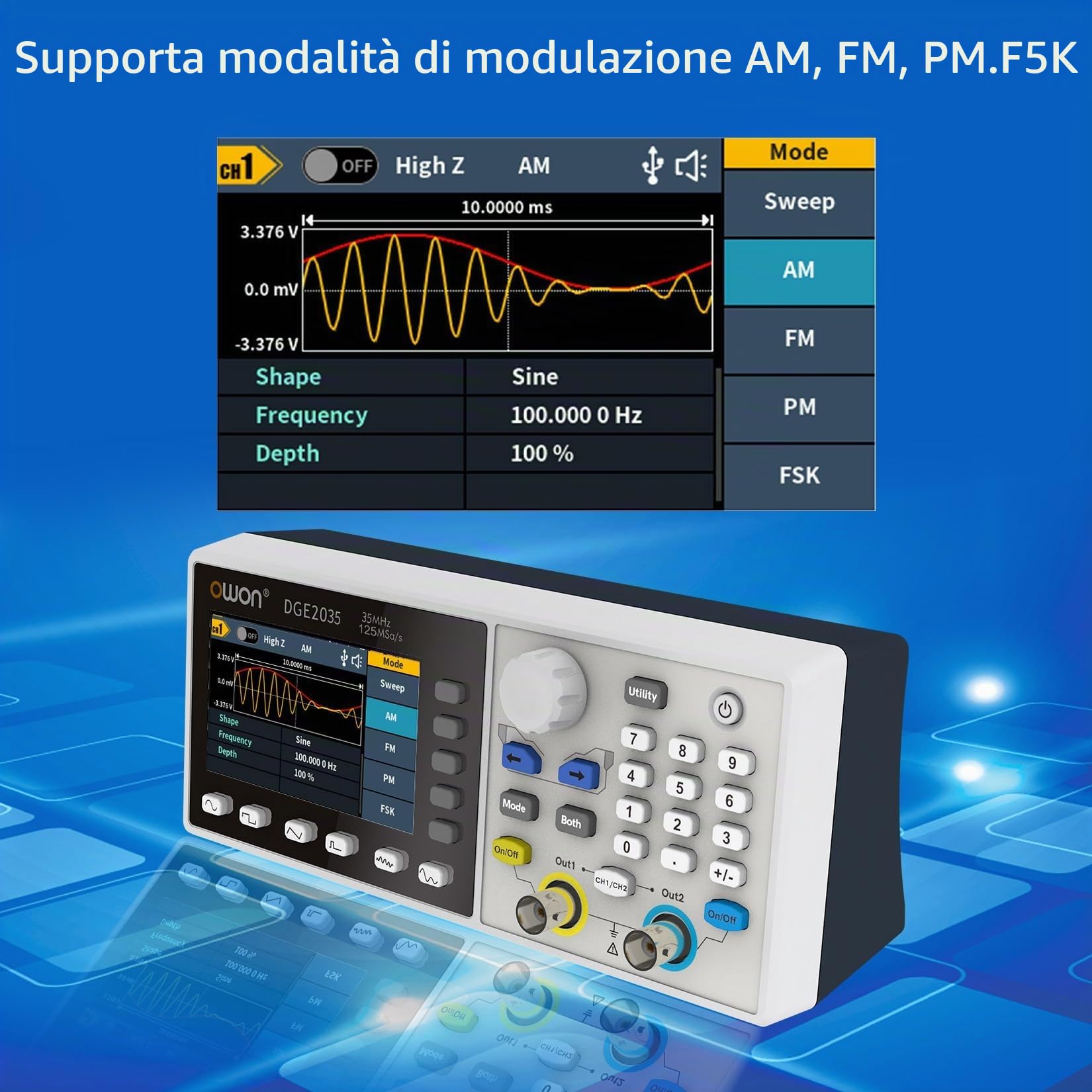 OWON DGE2035 Generatore portatile di forme d'onda arbitrarie, display LCD da 3,6 pollici, doppio canale, uscita di frequenza da 35 MHz, frequenza di campionamento massima di 150MSa/s generatore