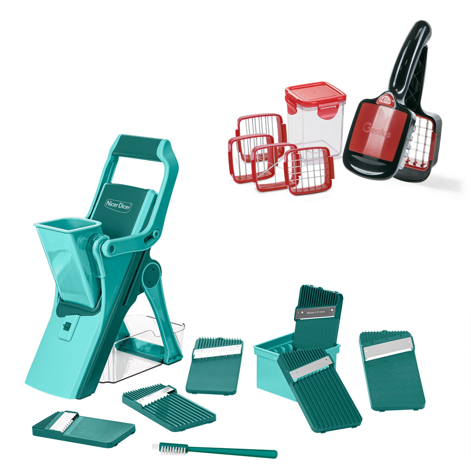 Genius Nicer Dicer Mando avec coupe-légumes Quick 19 pièces, coupe-légumes manuel avec bac de récupération, 6 inserts, hachoir à oignons, pommes de terre pour julienne, tranches en dés