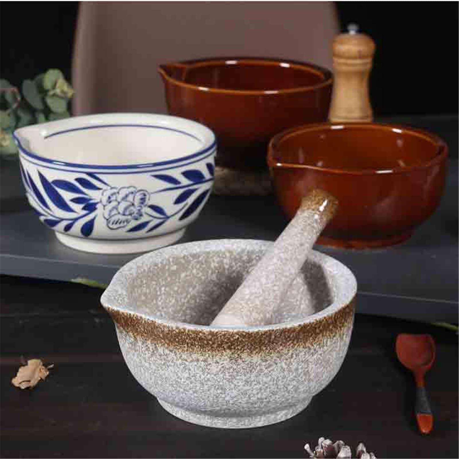 Mortaio con Pestello Set piccolo di mortaio e pestello in porcellana, ciotola in ceramica, massima capacità macinazione Molcajete per Pesto o Spezie