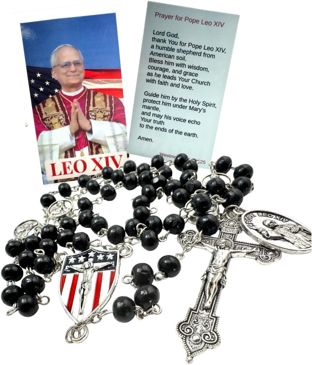 Westmon Works Pope Leo XIV Rosary Set American Pontiff Election Commemorative Prayer Pack Wood Beads with Engraved Metal Center Medal Crucifix and Includes Patriotic USA Made Holy Card